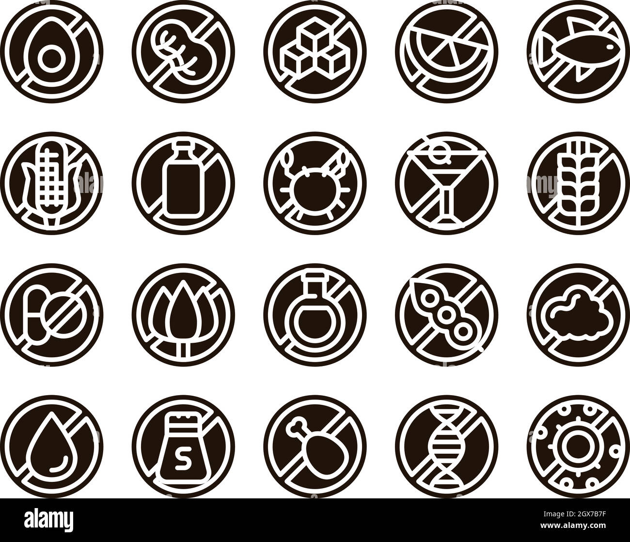 Produits sans allergènes Glyph Icons Set Vector Illustration de Vecteur