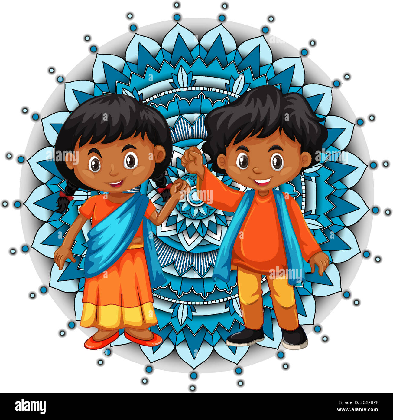 Motif Mandala sur le fond avec deux enfants heureux Illustration de Vecteur