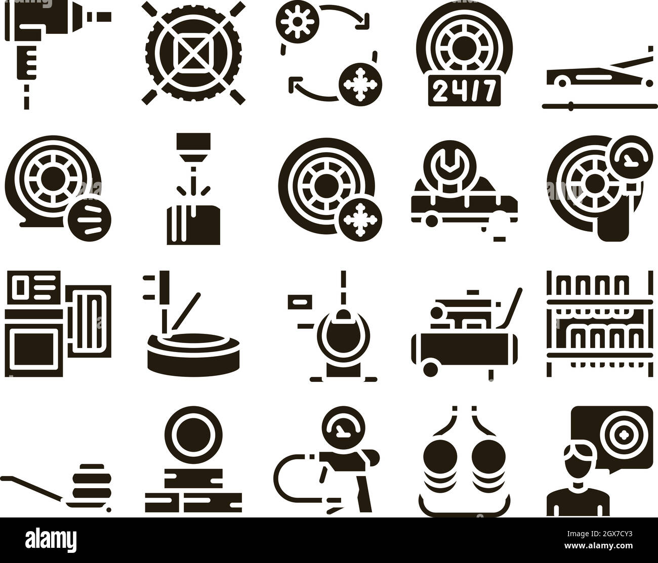 Ensemble de glyphes de service de montage de pneus Vector Illustration de Vecteur
