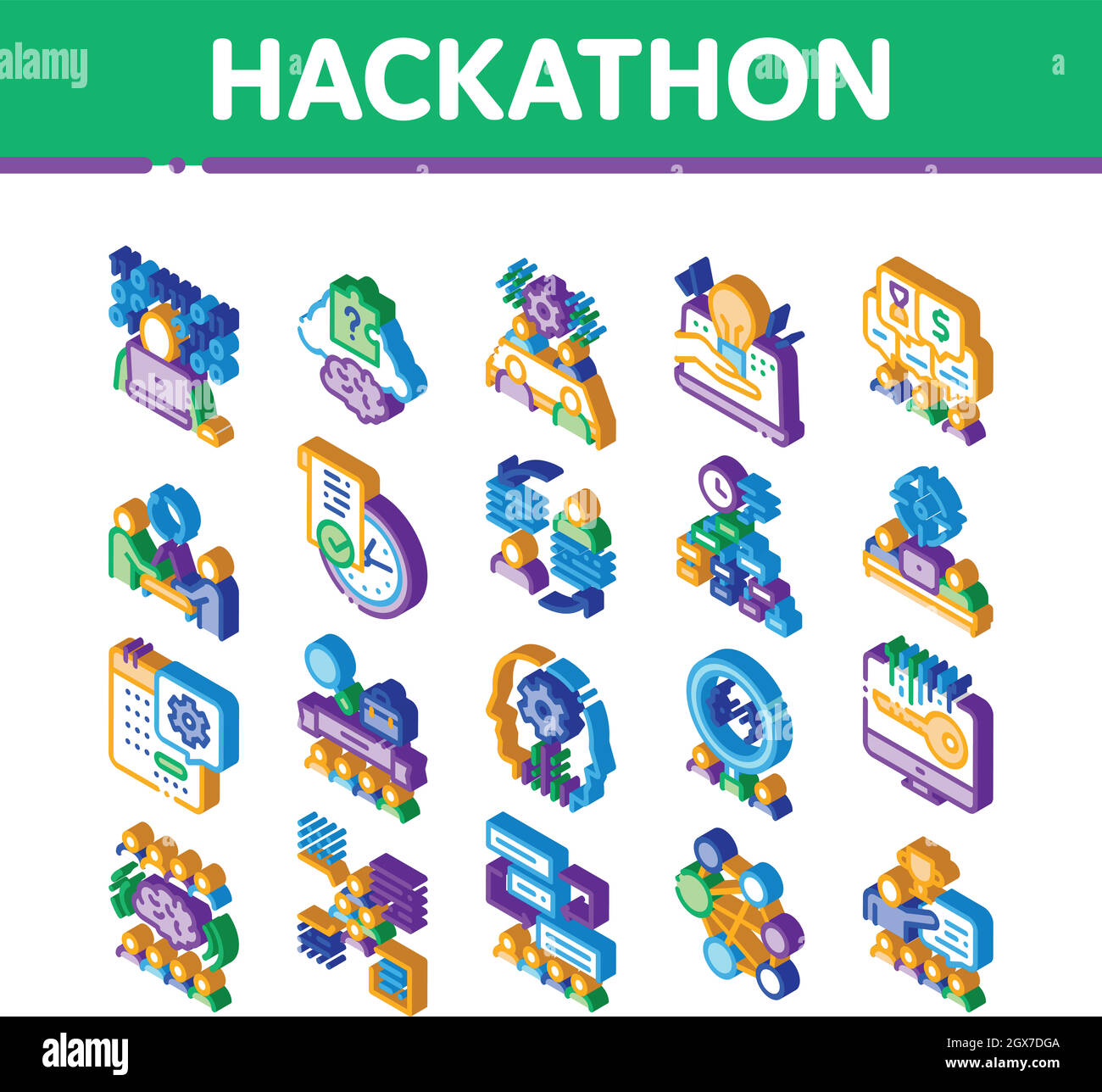 Développement Hackathon Isométrique icônes définir le vecteur Illustration de Vecteur