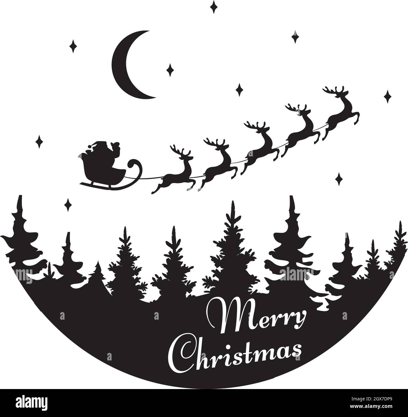 Illustration vectorielle de l'arrière-plan de Noël avec le Père Noël volant avec renne au-dessus de la forêt, logo, icône. Illustration de Vecteur