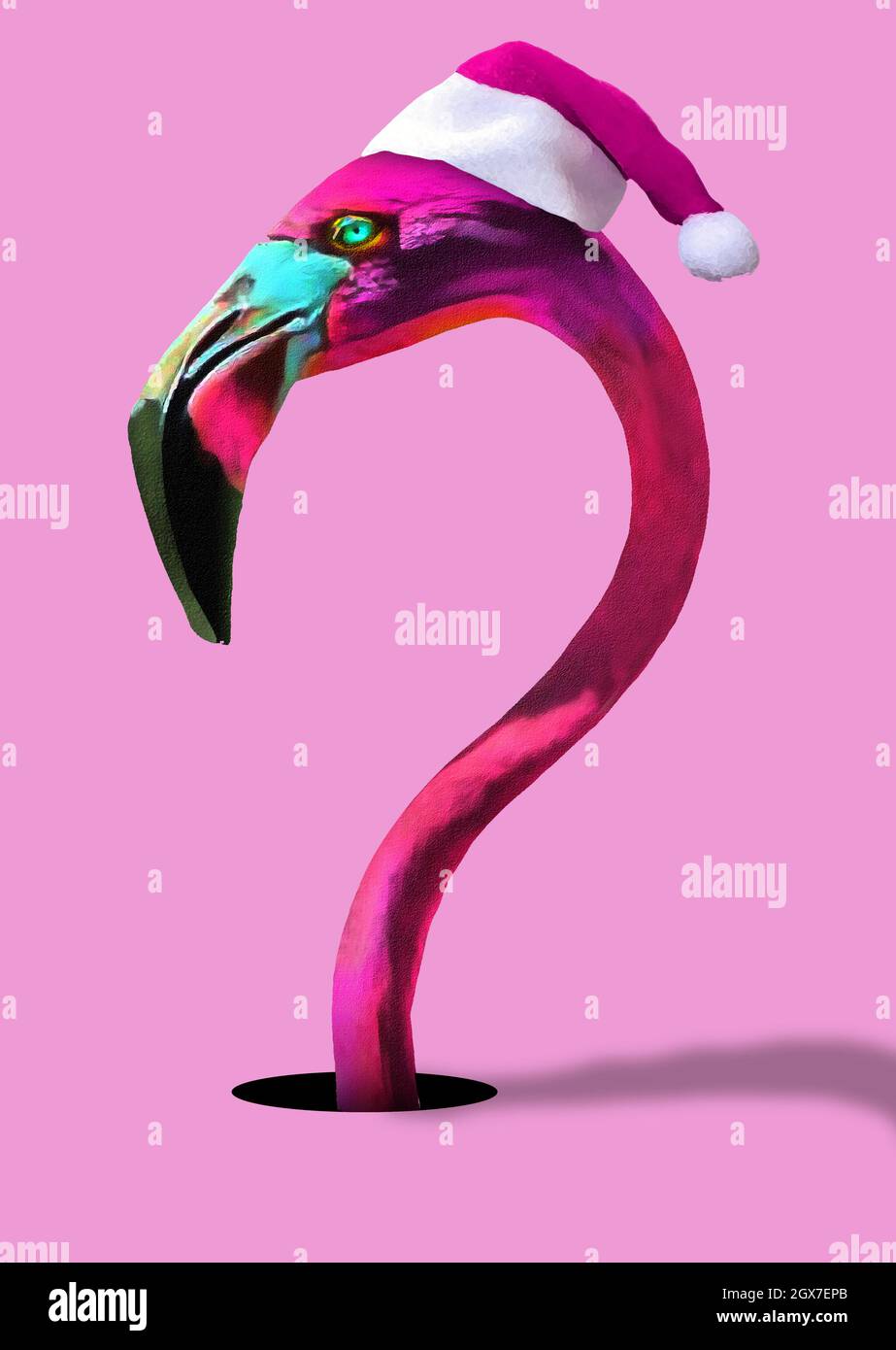 Un Flamingo porte un chapeau Satna Claus pour Noël Banque D'Images
