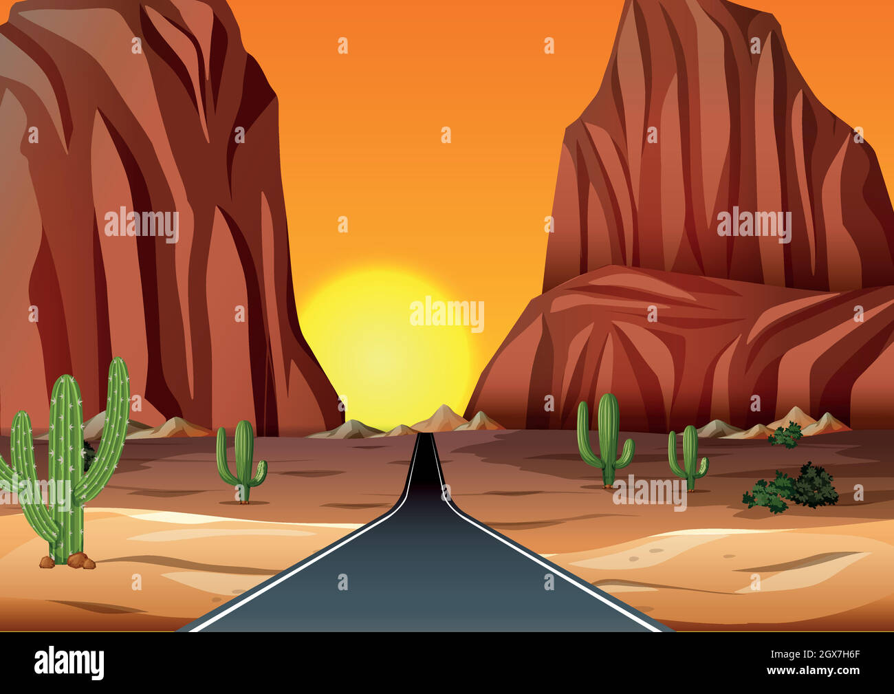 Coucher de soleil dans le désert avec la route Illustration de Vecteur