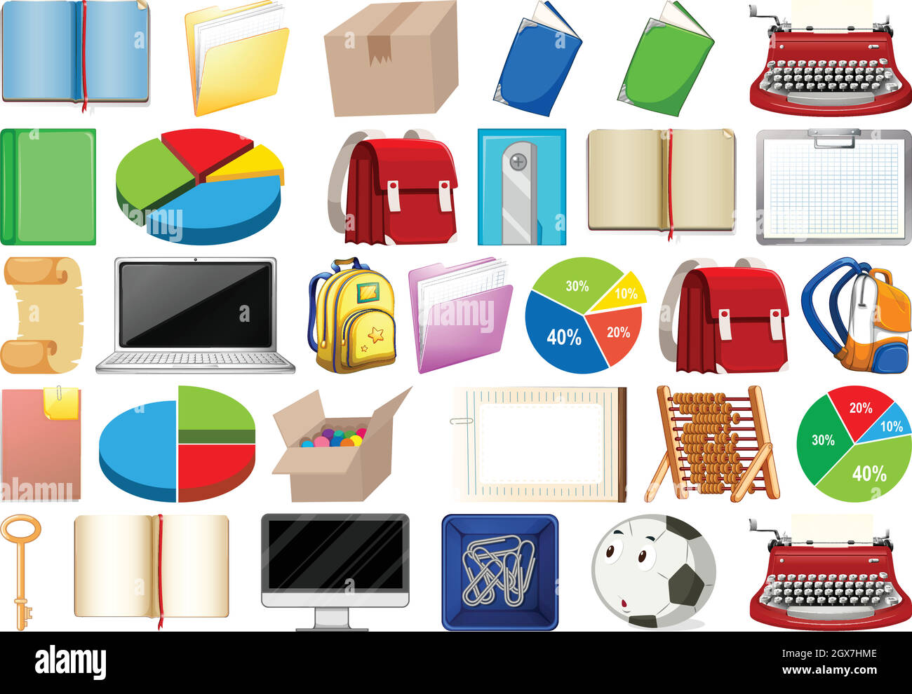 Bureau, ménage, jouets et sport, équipement isolé dans un immense ensemble Illustration de Vecteur