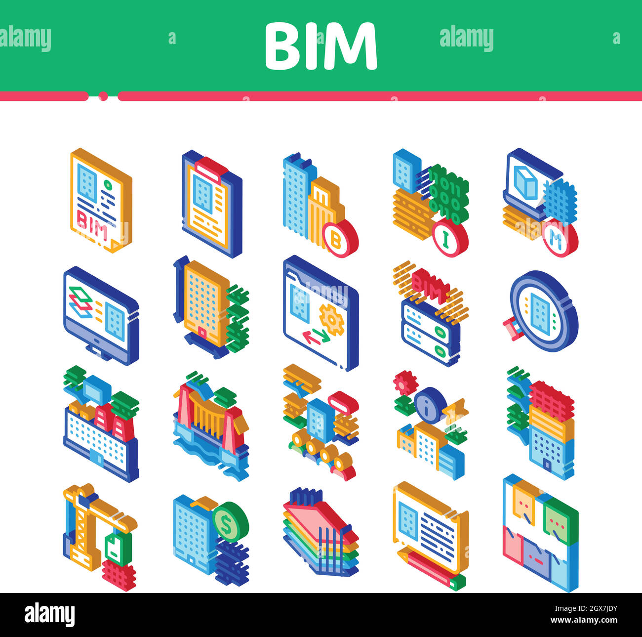 BIM modélisation des informations de construction icônes isométriques définir le vecteur Illustration de Vecteur