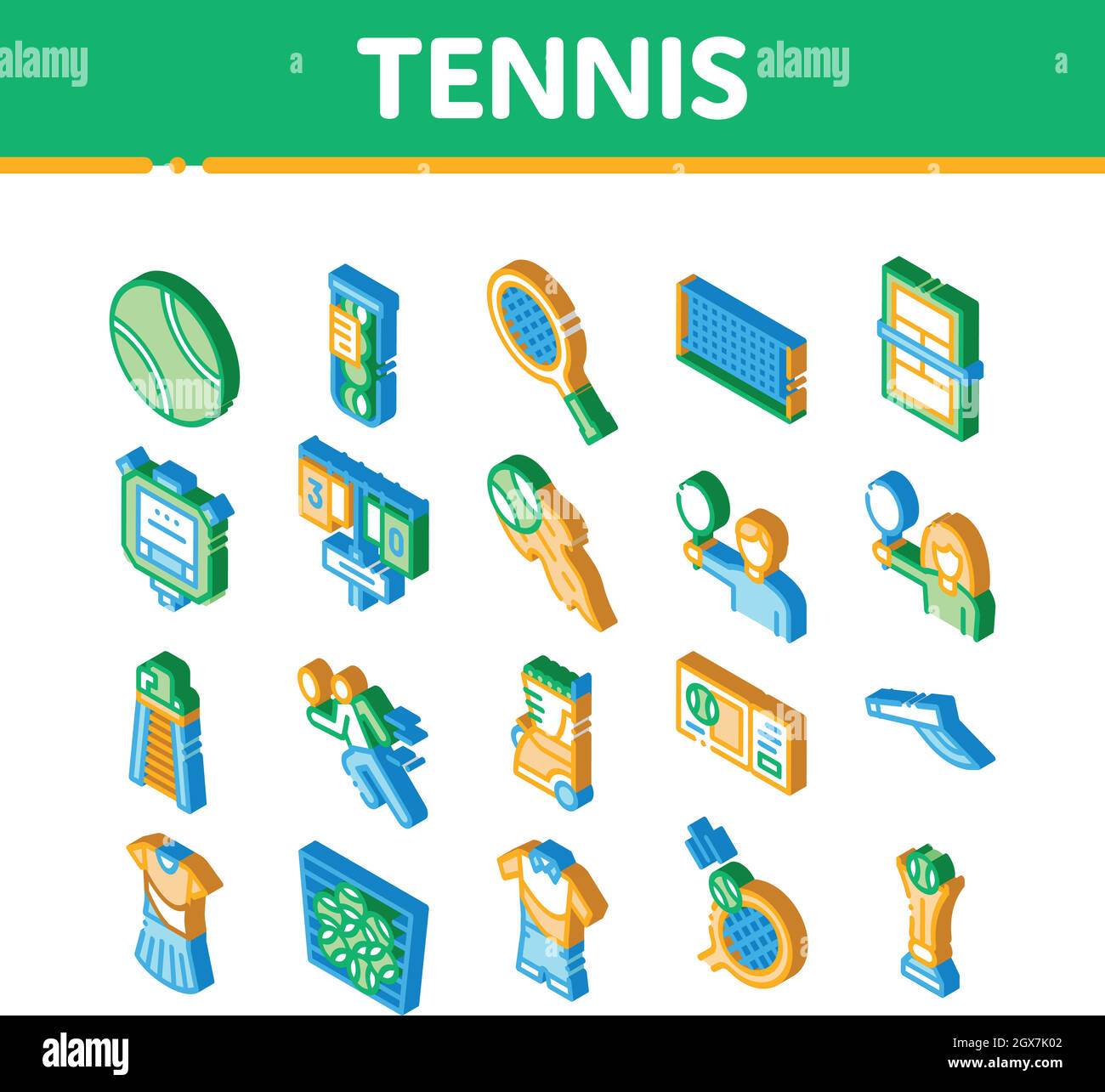 Équipement de jeu de tennis Isométrique icônes Set Vector Illustration de Vecteur