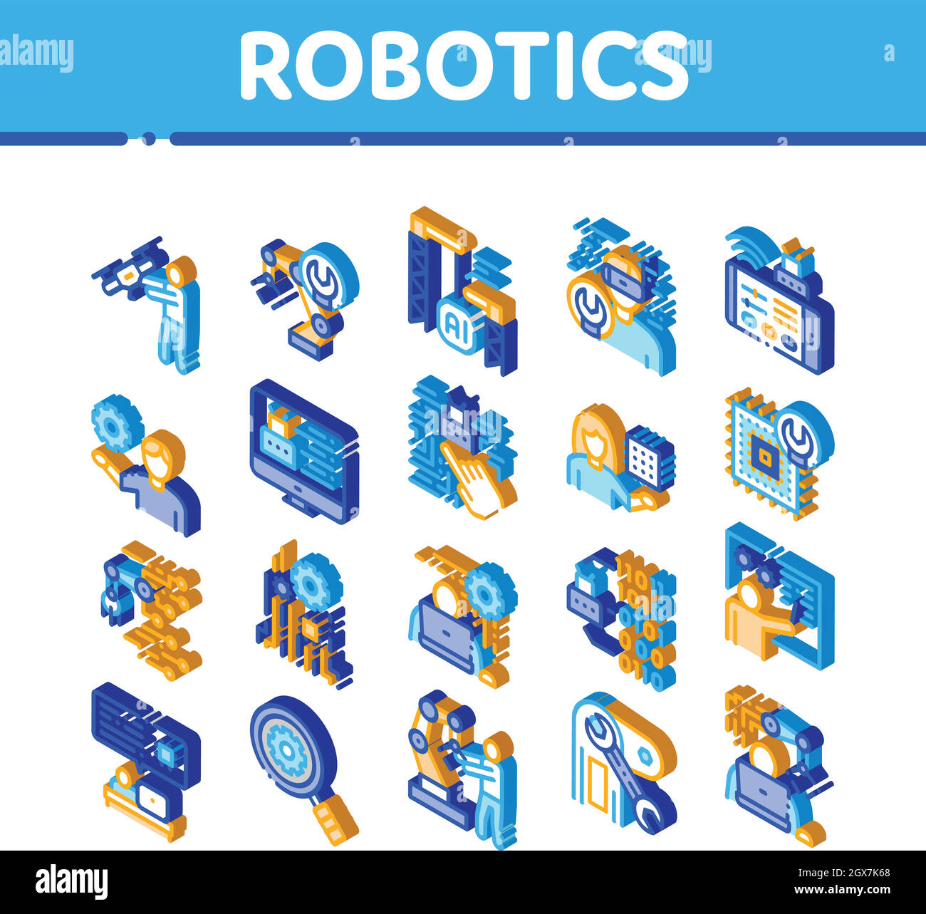 Le vecteur est défini par les icônes isométriques du maître robotique Illustration de Vecteur