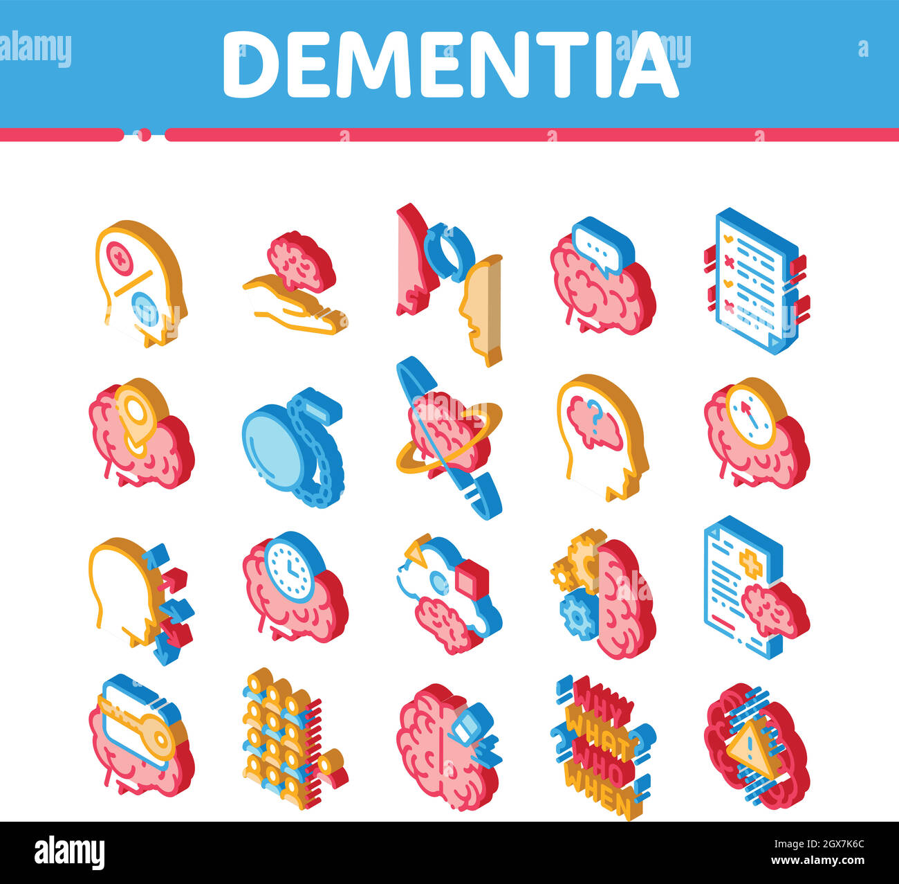 Démence maladie du cerveau Isométrique icônes définir vecteur Illustration de Vecteur