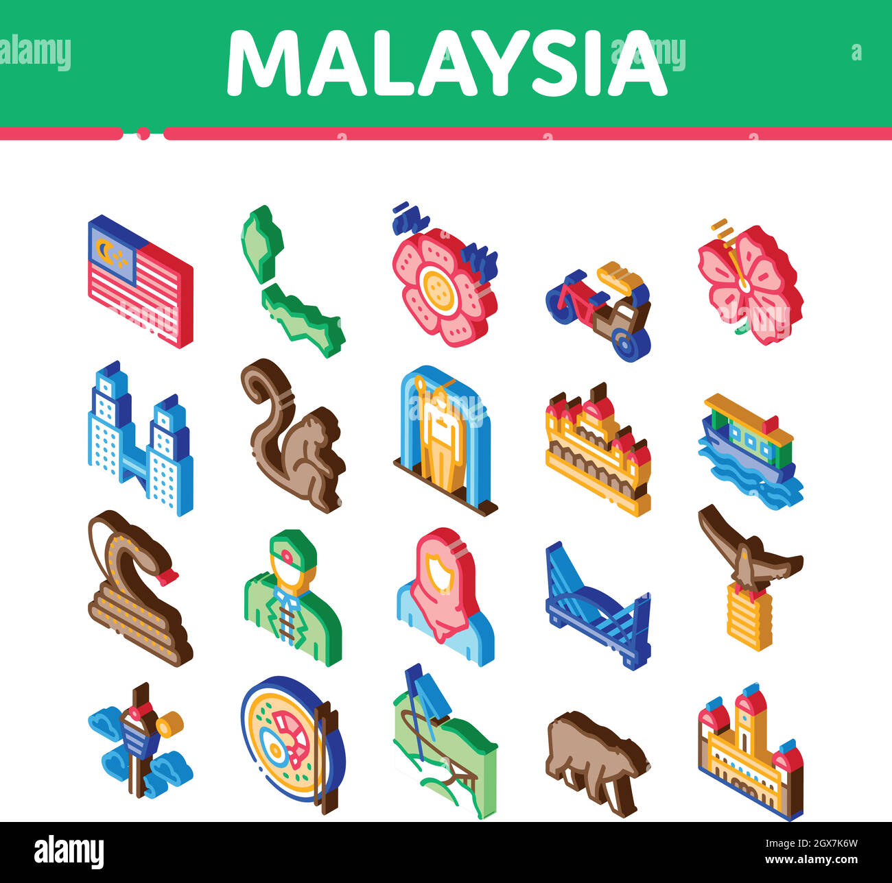 Malaisie National Isométrique Icons Set Vector Illustration de Vecteur