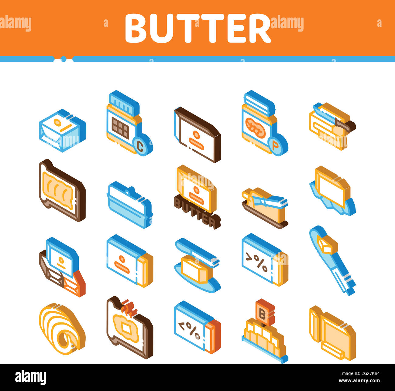 Beurre ou margarine Isométrique icônes Set Vector Illustration de Vecteur