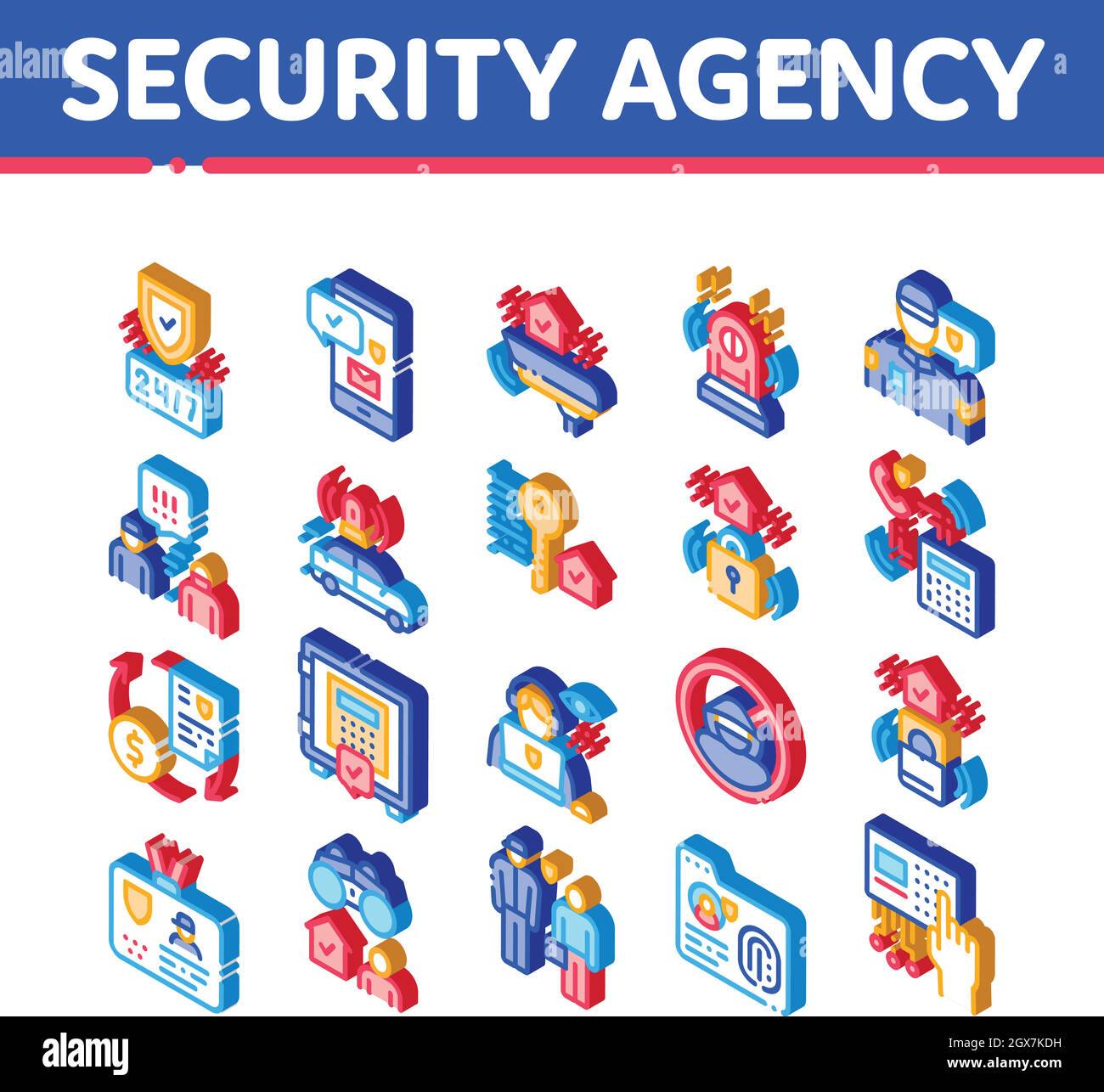 Les icônes isométriques de l'agence de sécurité définissent le vecteur Illustration de Vecteur