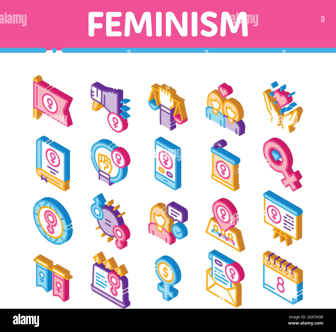 Féminisme femme puissance Isométrique icônes Set Vector Illustration de Vecteur