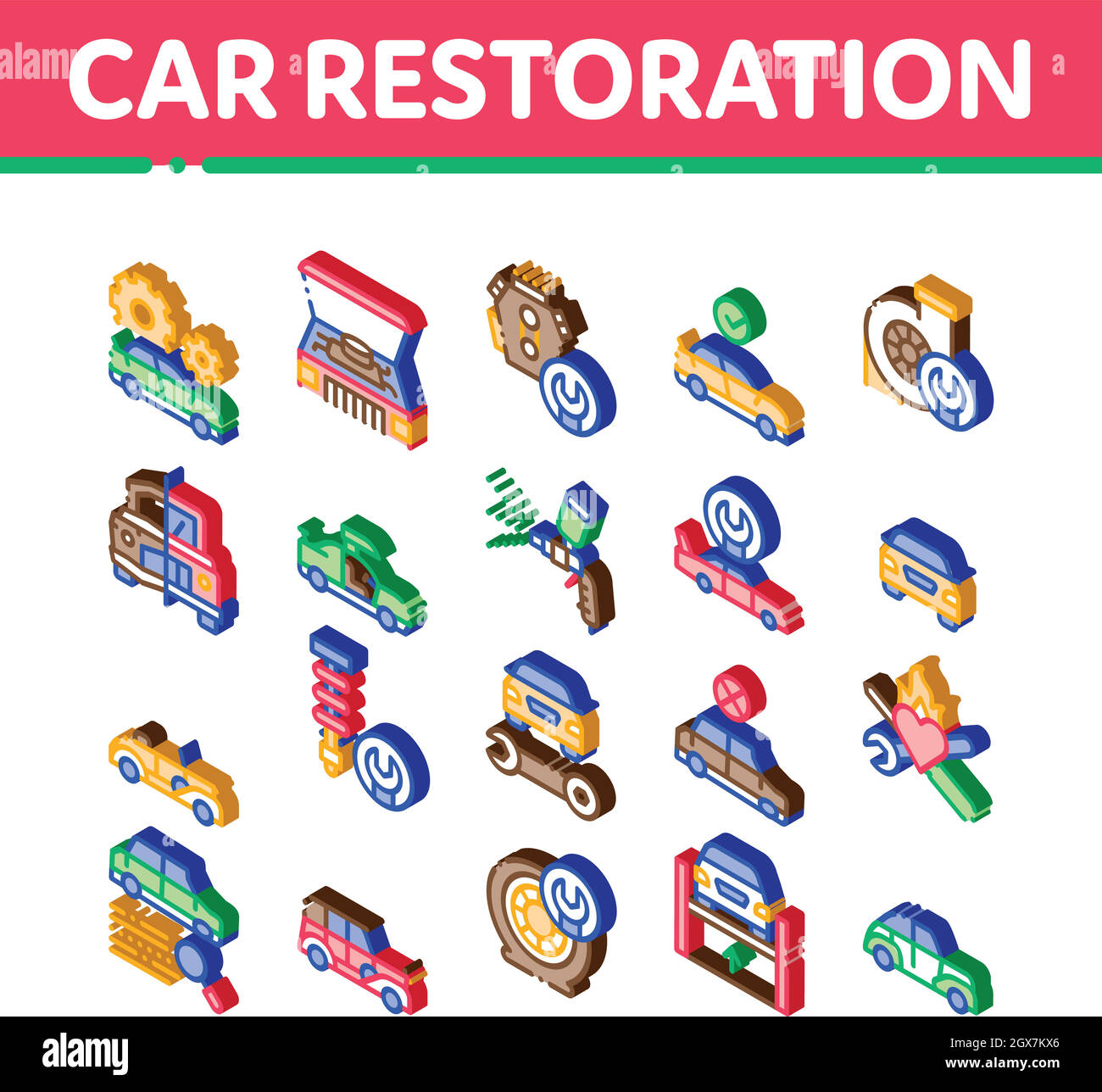 Réparation de voiture Isométrique icônes de réparation définir le vecteur Illustration de Vecteur