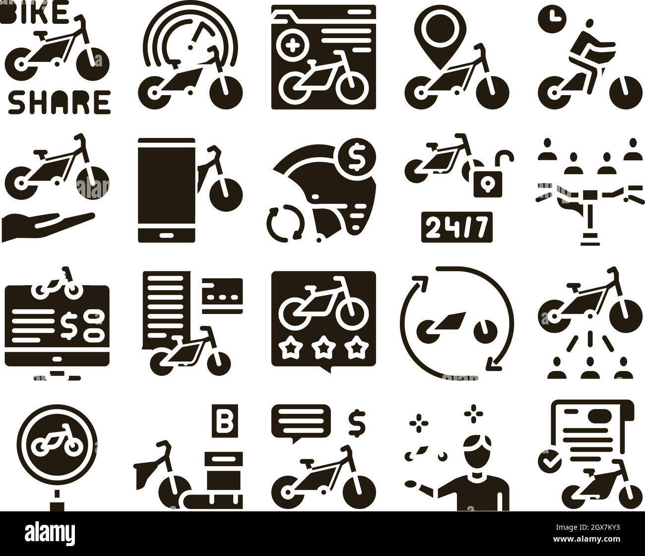 Vecteur de jeu de glyphes professionnels de partage de vélos Illustration de Vecteur
