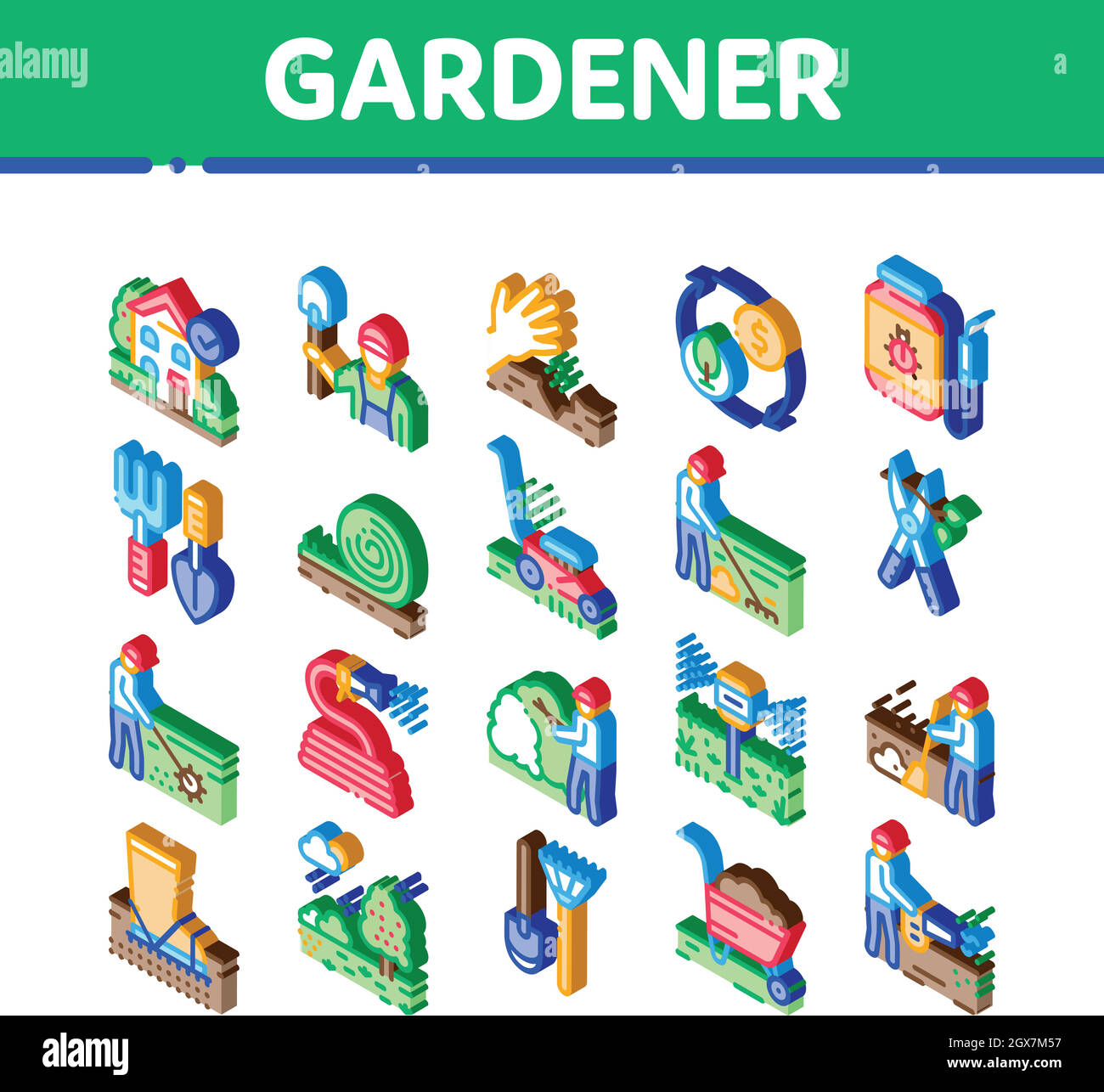 Jardinier instrument Isométrique icônes définir le vecteur Illustration de Vecteur