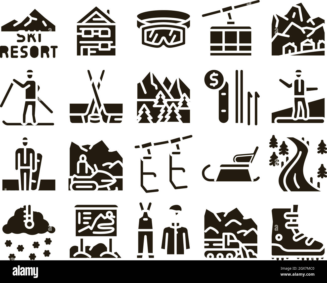 Station de ski vacances Glyph Set Vector Illustration de Vecteur