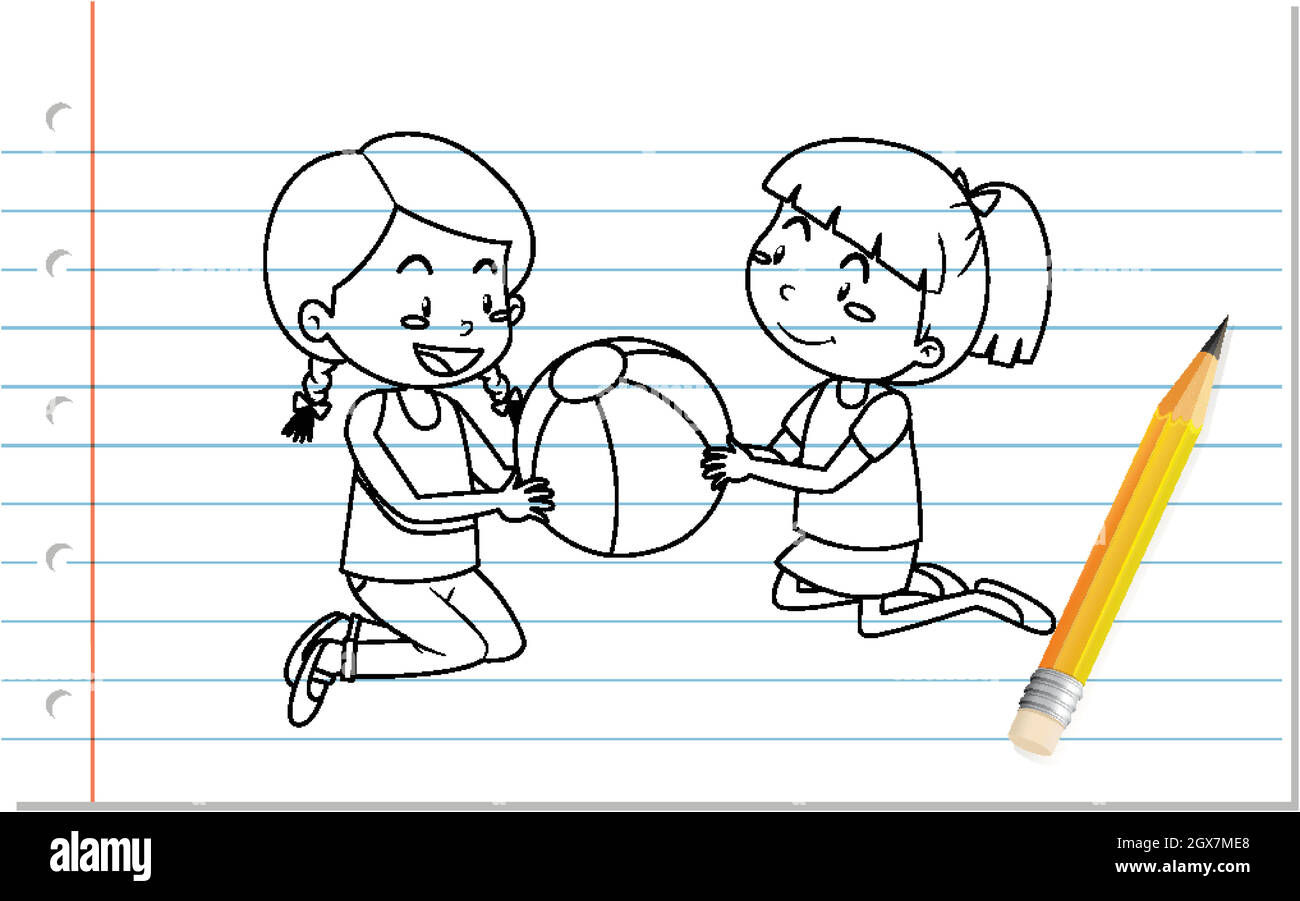 Écriture à la main de deux filles jouant le contour de balle Illustration de Vecteur