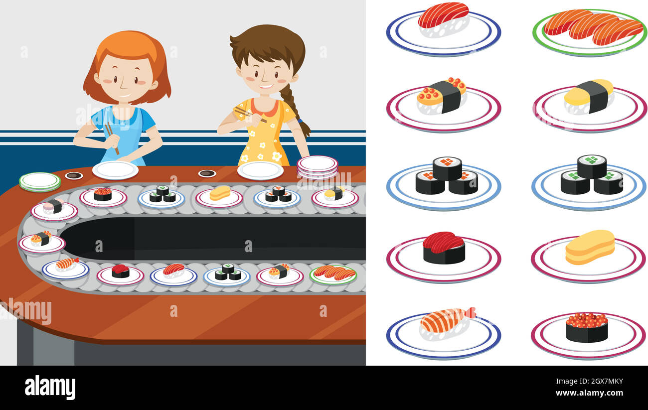 Deux ladys dans un train de sushi Illustration de Vecteur