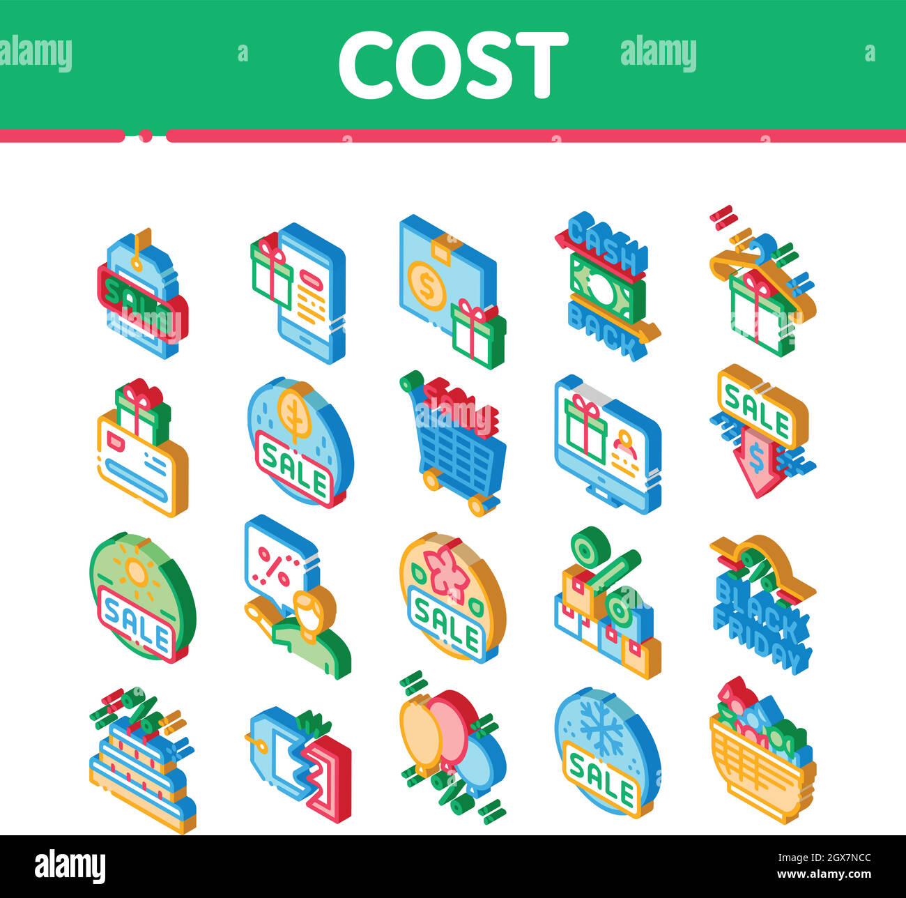 Réduction des coûts Vente Isométrique icônes définir vecteur Illustration de Vecteur