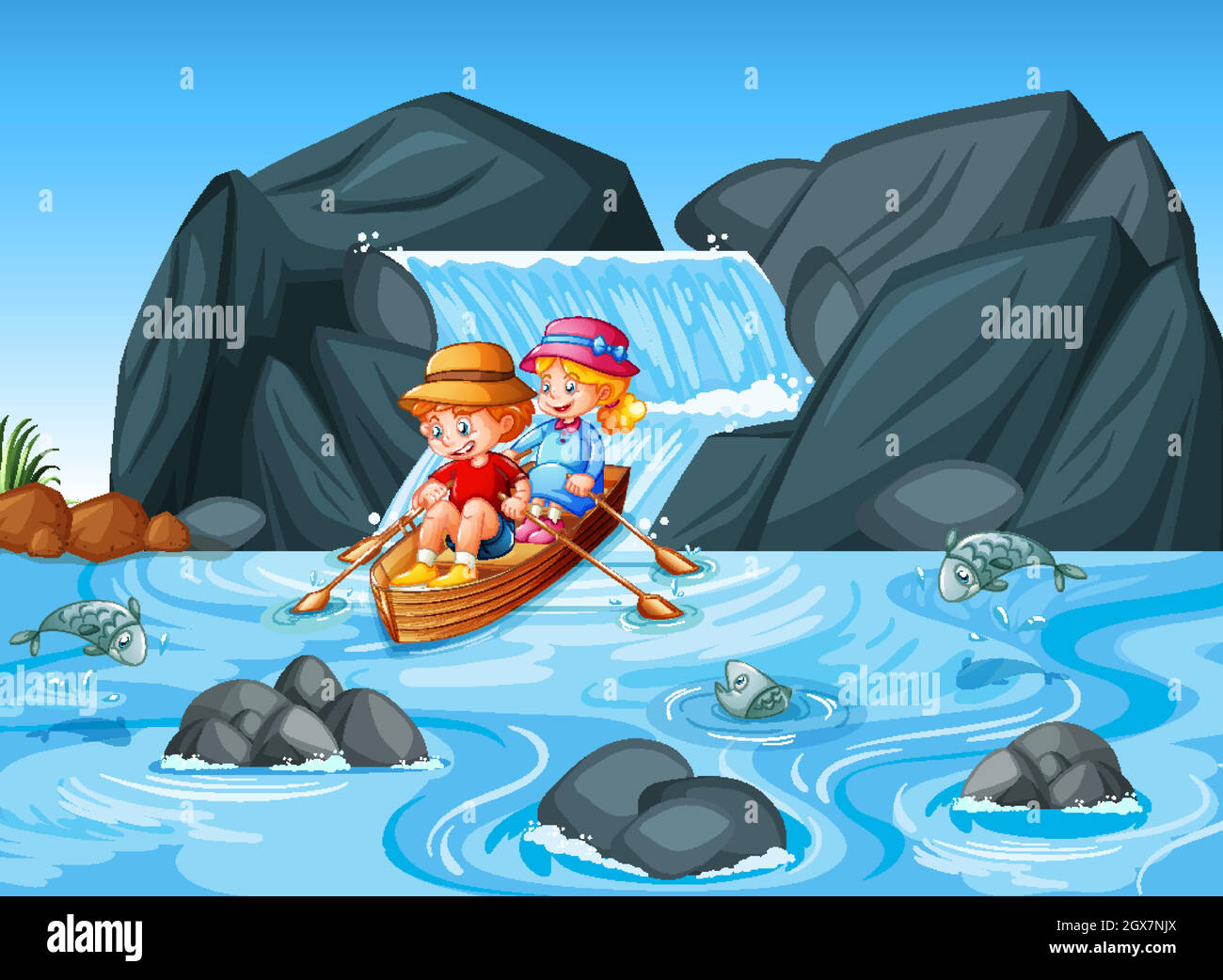 Les enfants s'amarrau bateau dans la scène de cascade du cours d'eau Illustration de Vecteur