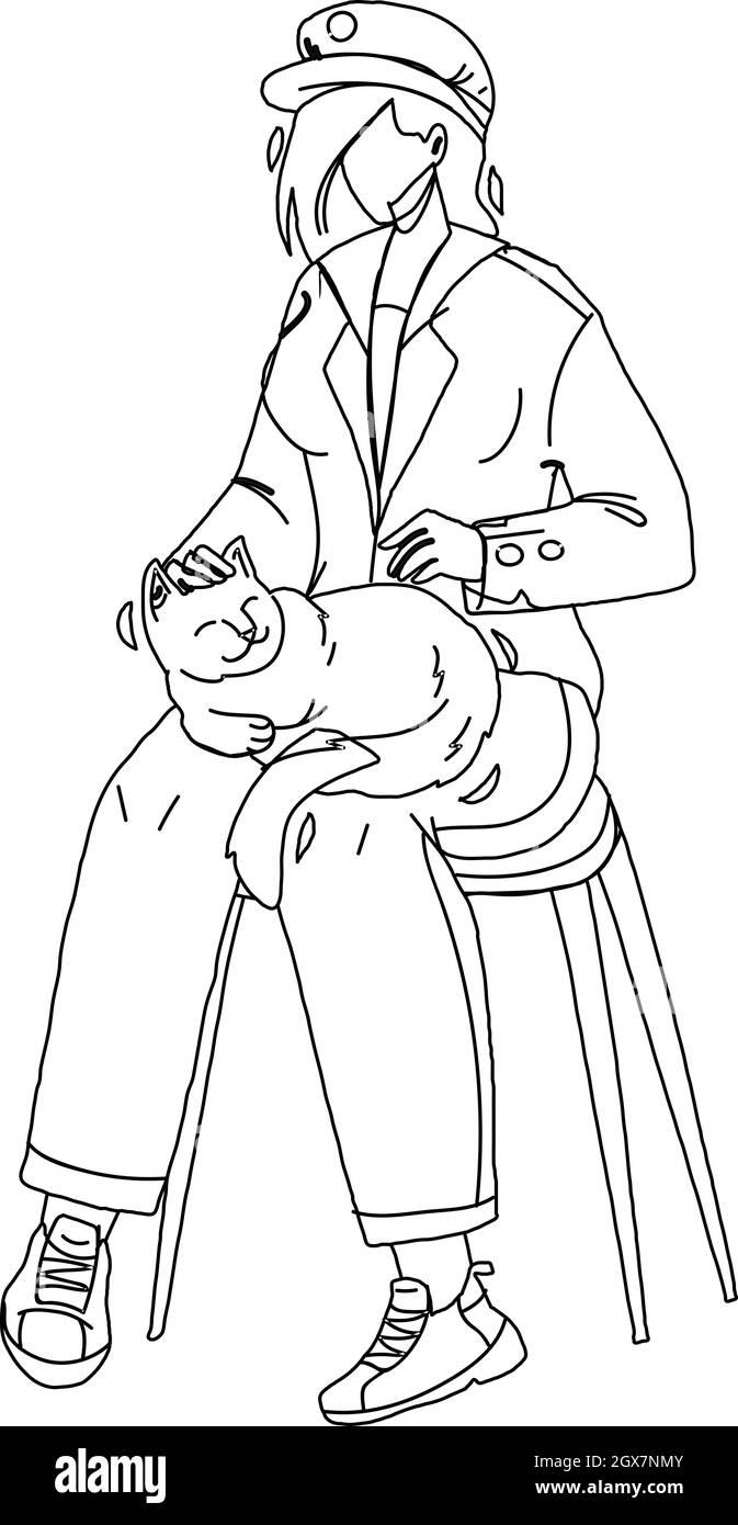 Chat à fourrure couché sur les jambes de la femme et Sleeping Vector Illustration de Vecteur