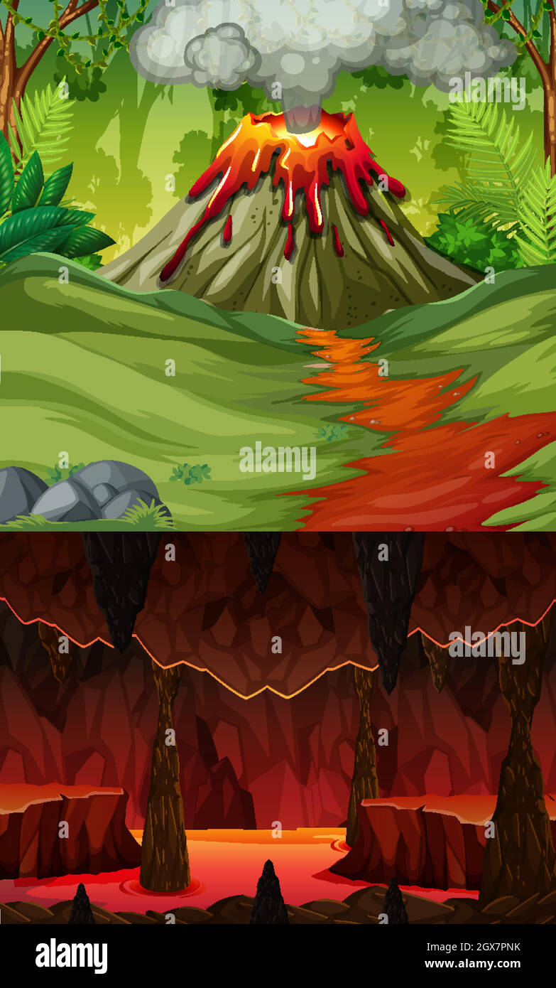 Éruption volcanique en forêt et grotte infernale avec scène de lave Illustration de Vecteur