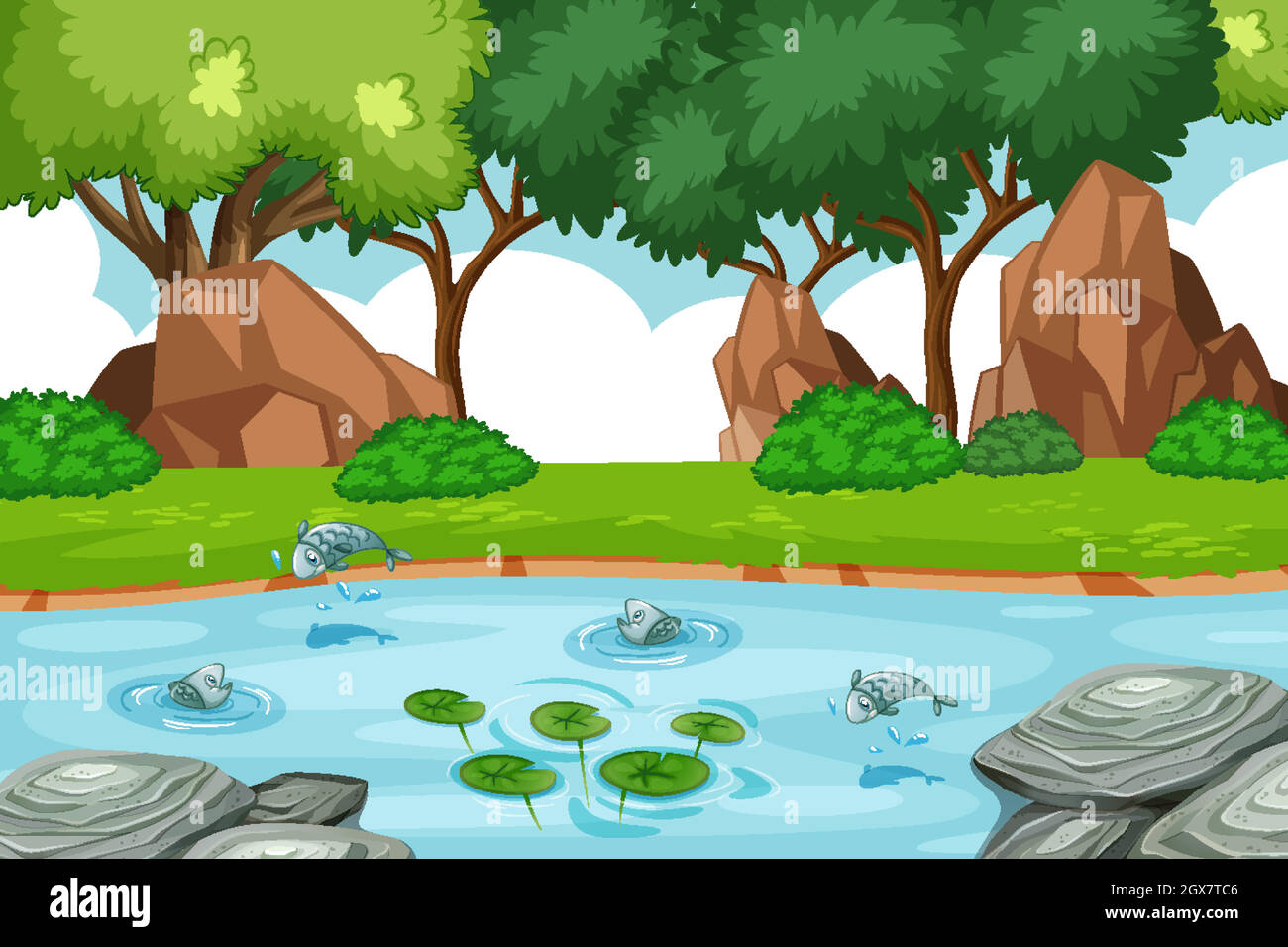 Ruisseau dans la scène de la forêt avec quelques poissons Illustration de Vecteur
