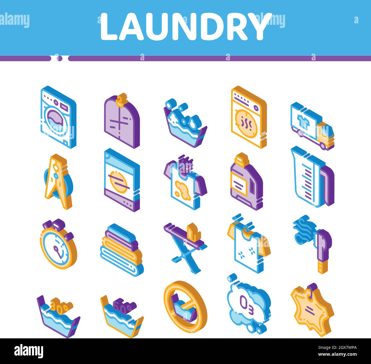 Ensemble d'icônes isométriques vectorielles pour le service de blanchisserie Illustration de Vecteur