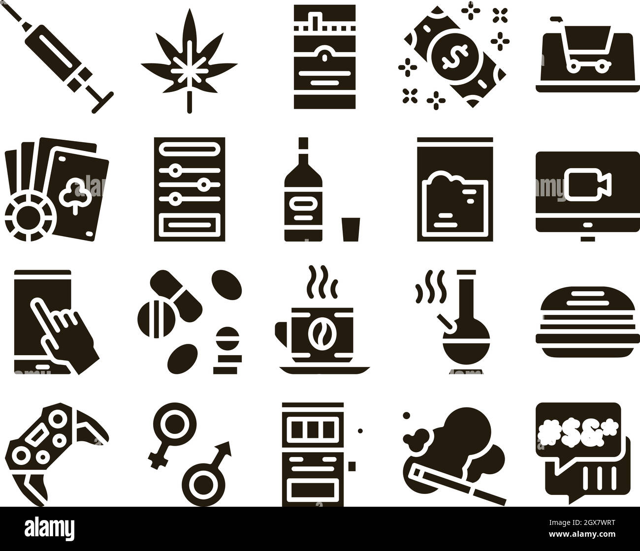 Toxicomanie mauvaises habitudes glyphe Set Vector Illustration de Vecteur