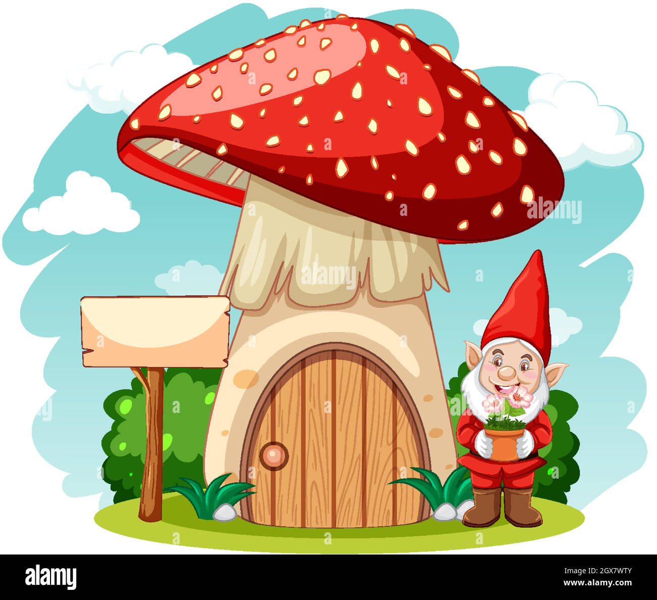 Gnomes et champignons maison style de dessin animé sur fond blanc Illustration de Vecteur