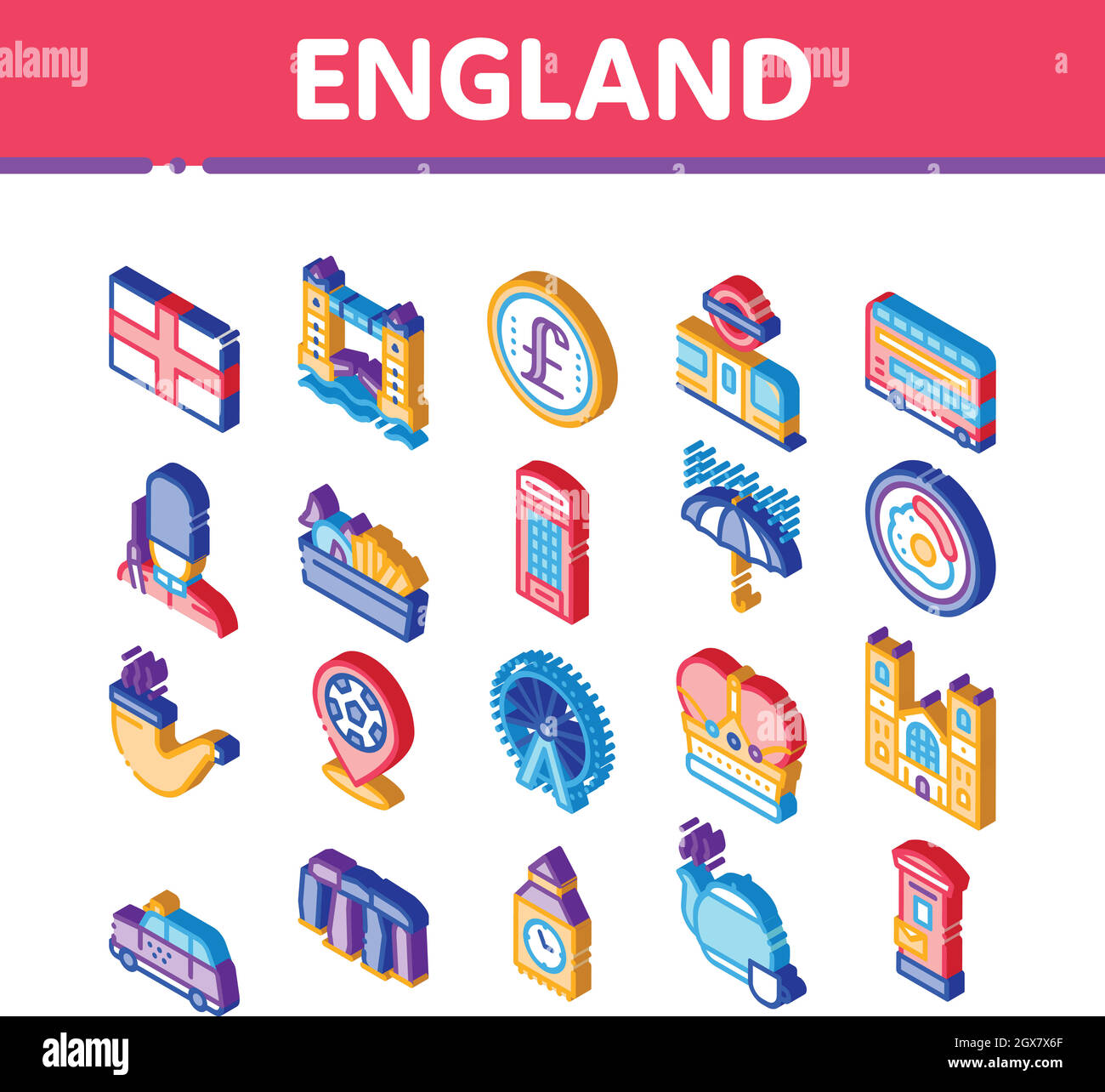 Angleterre Royaume-Uni Isométrique Icons Set Vector Illustration de Vecteur