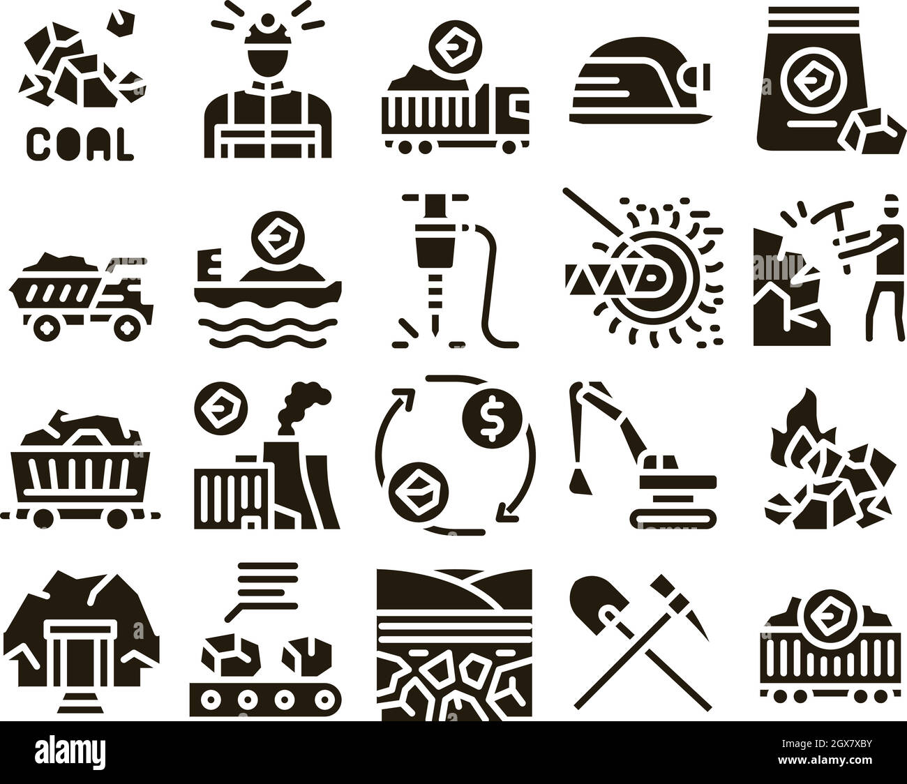 Vecteur Glyph Set pour l'équipement d'extraction de charbon Illustration de Vecteur