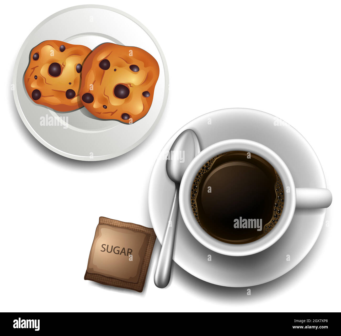 Une vue de dessus d'une tasse de café et une assiette de biscuits Illustration de Vecteur