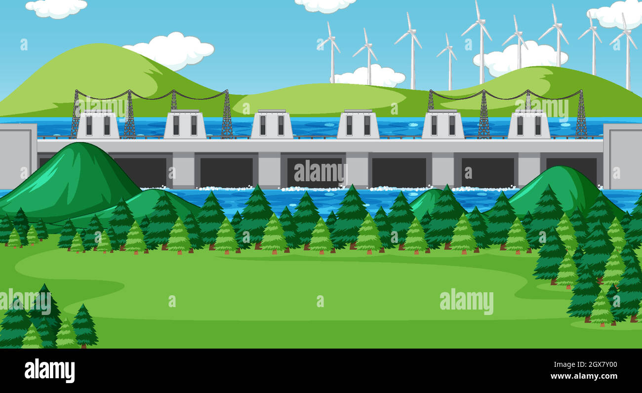 Scène avec barrage et éoliennes sur les collines Illustration de Vecteur