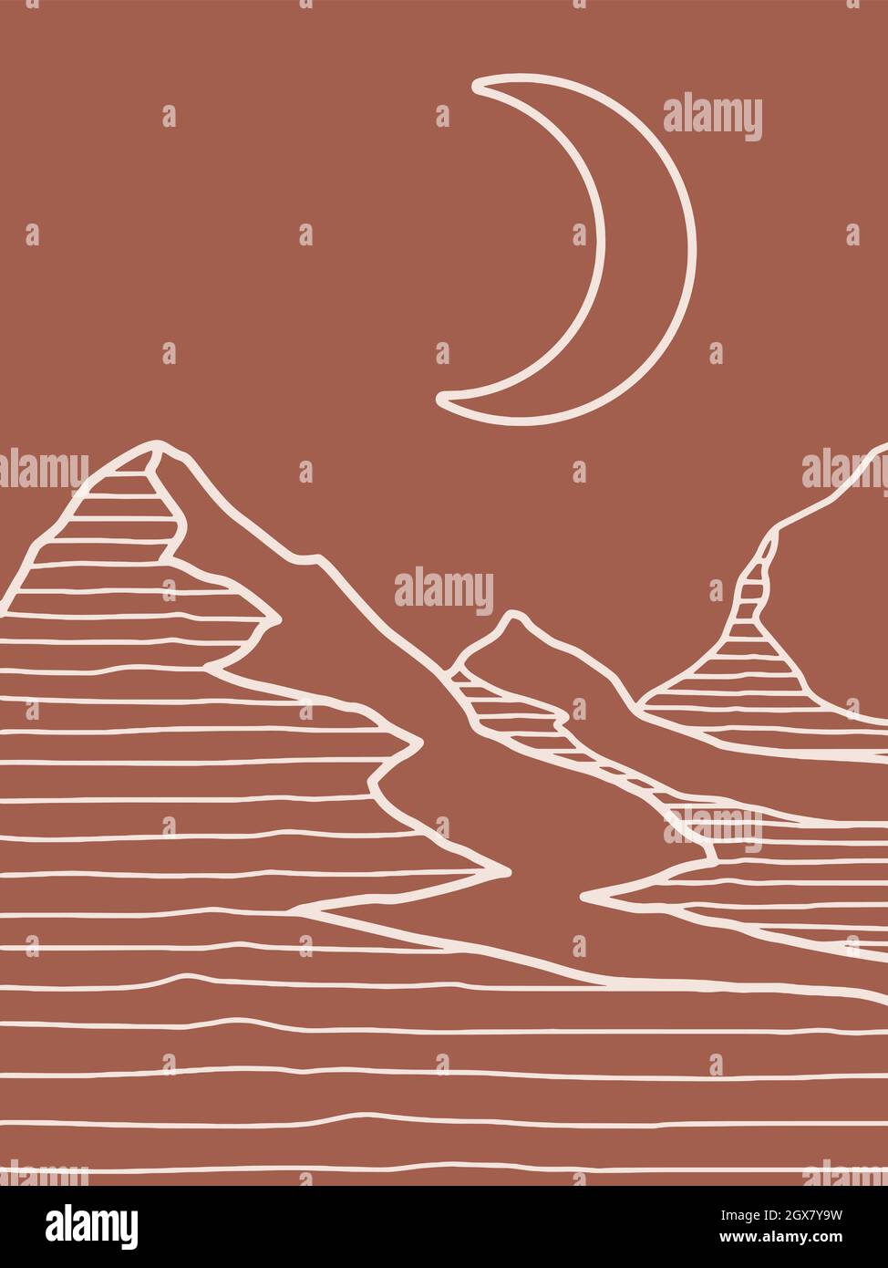 Art montagnard et lunaire sur fond de terre cuite marron Illustration de Vecteur