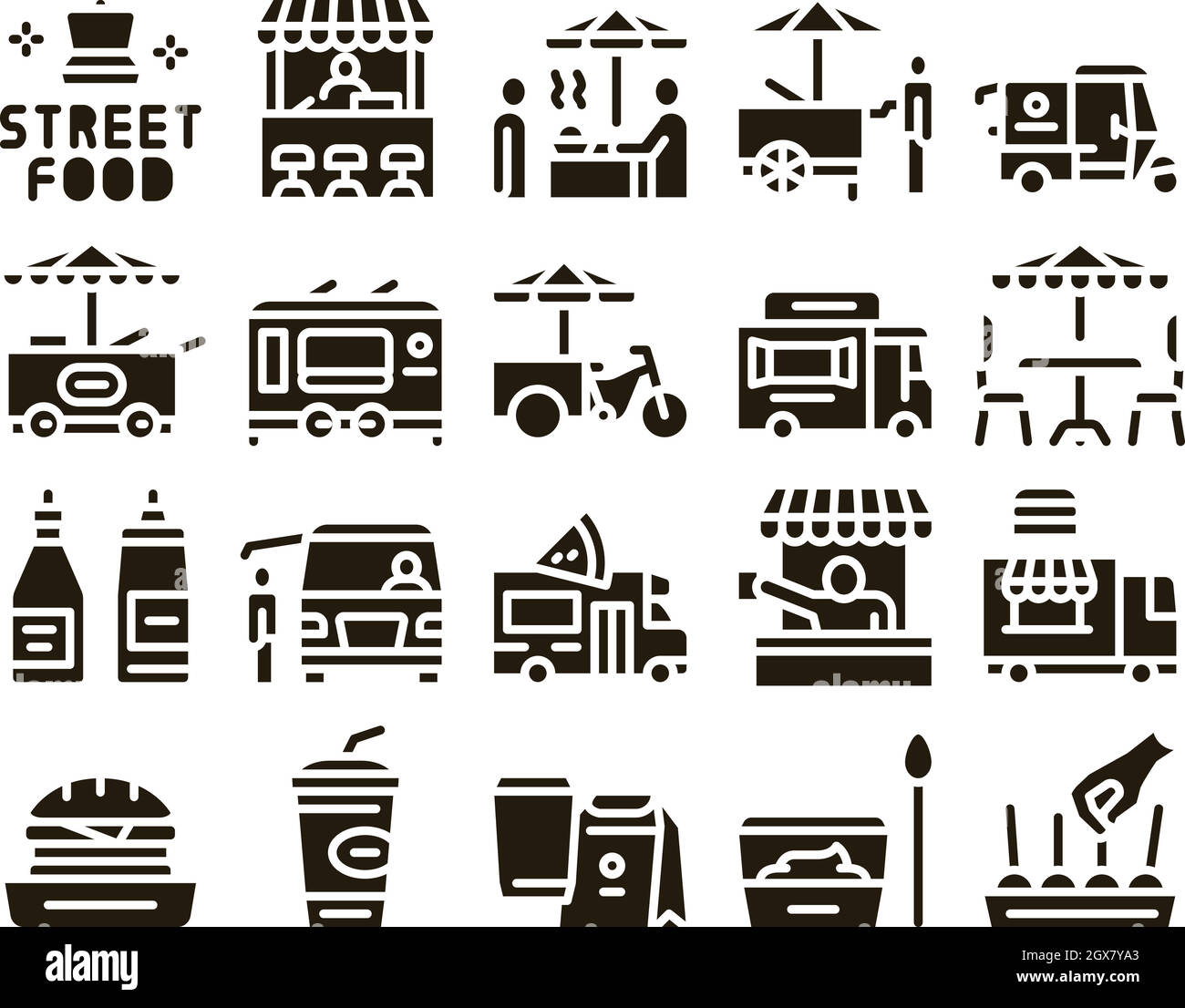 Street Food and Drink Glyph Set Vector Illustration de Vecteur