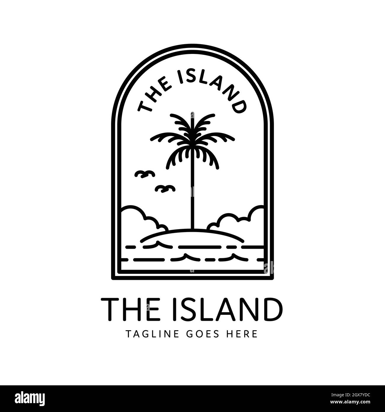 île tropicale de style monoline et badge de palmier Illustration de Vecteur