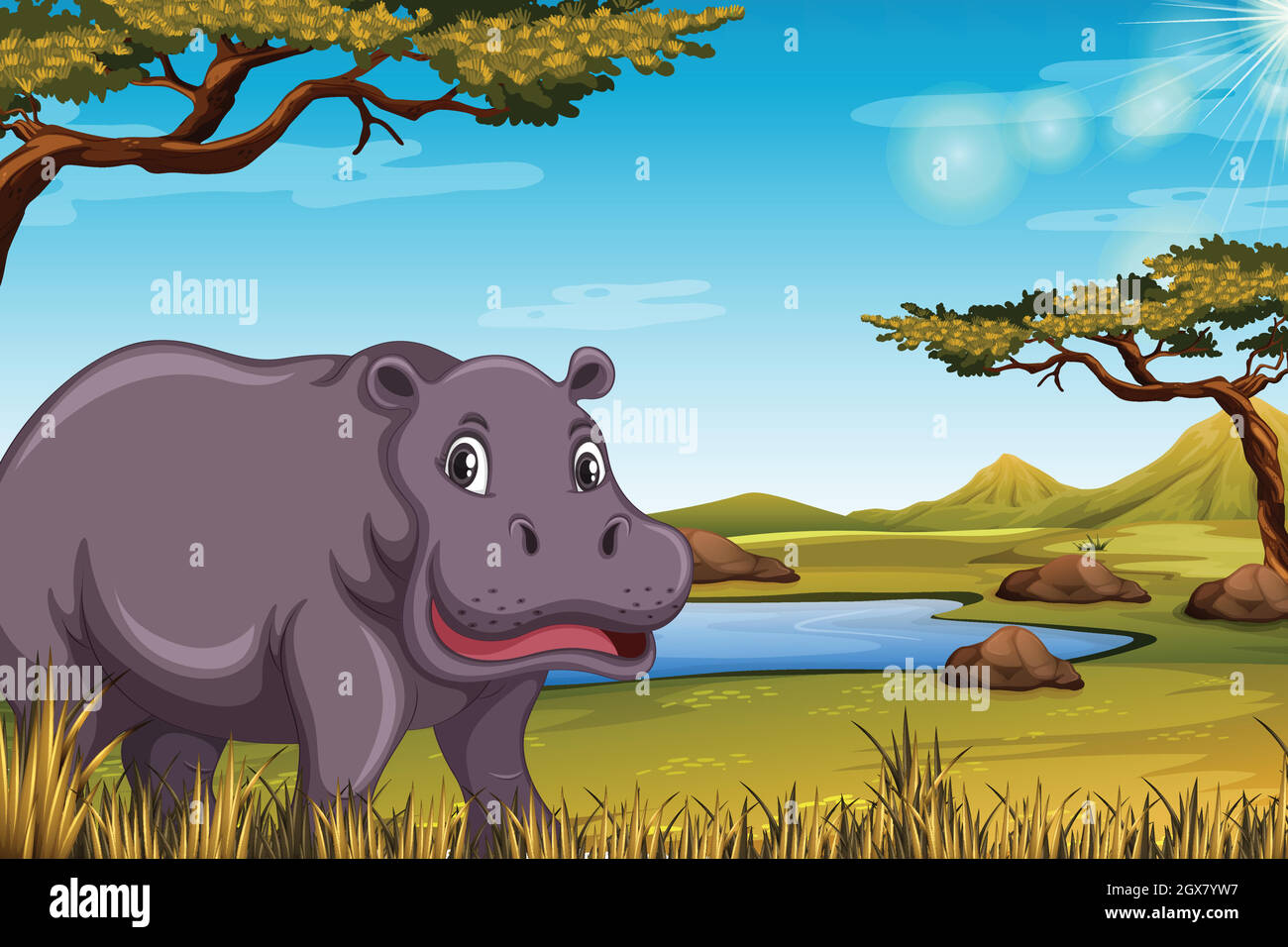 Hippopotame dans la scène de savane Illustration de Vecteur