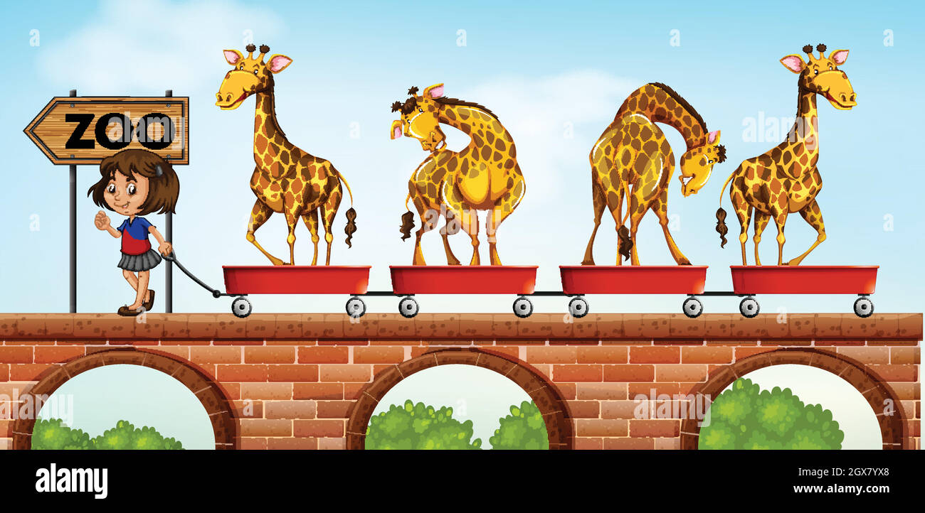 Petite fille tirant des chariots avec girafe au zoo Illustration de Vecteur