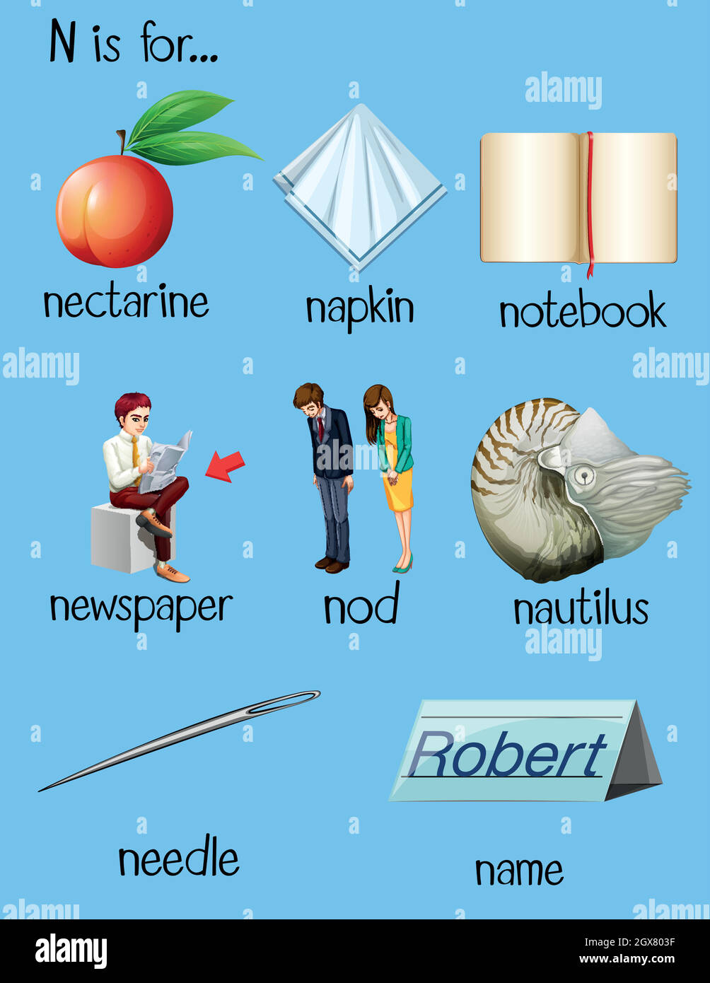 Beaucoup de mots commencent par la lettre N. Illustration de Vecteur