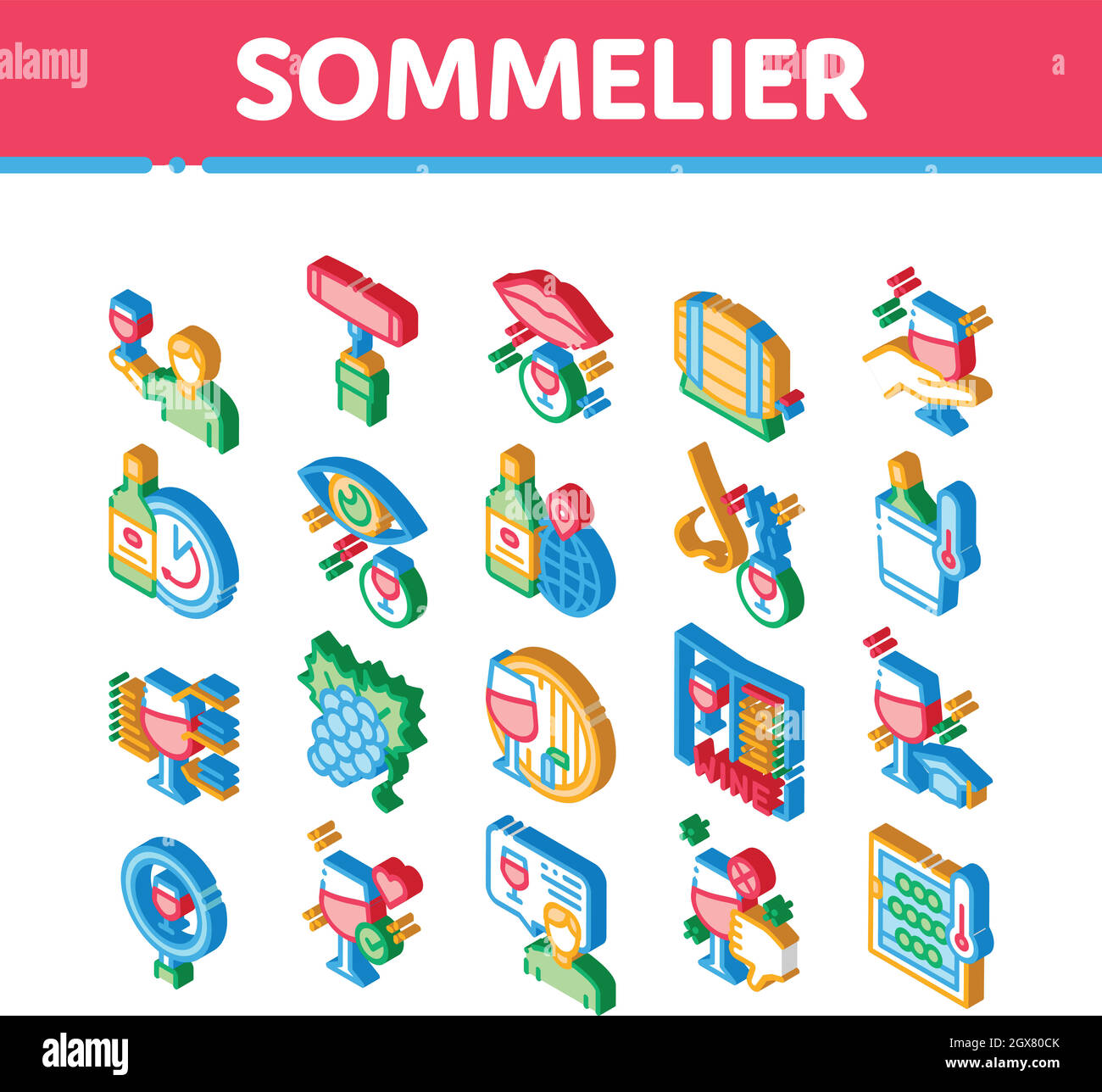 Dégustation de vin sommelier Isométrique icônes Set Vector Illustration de Vecteur