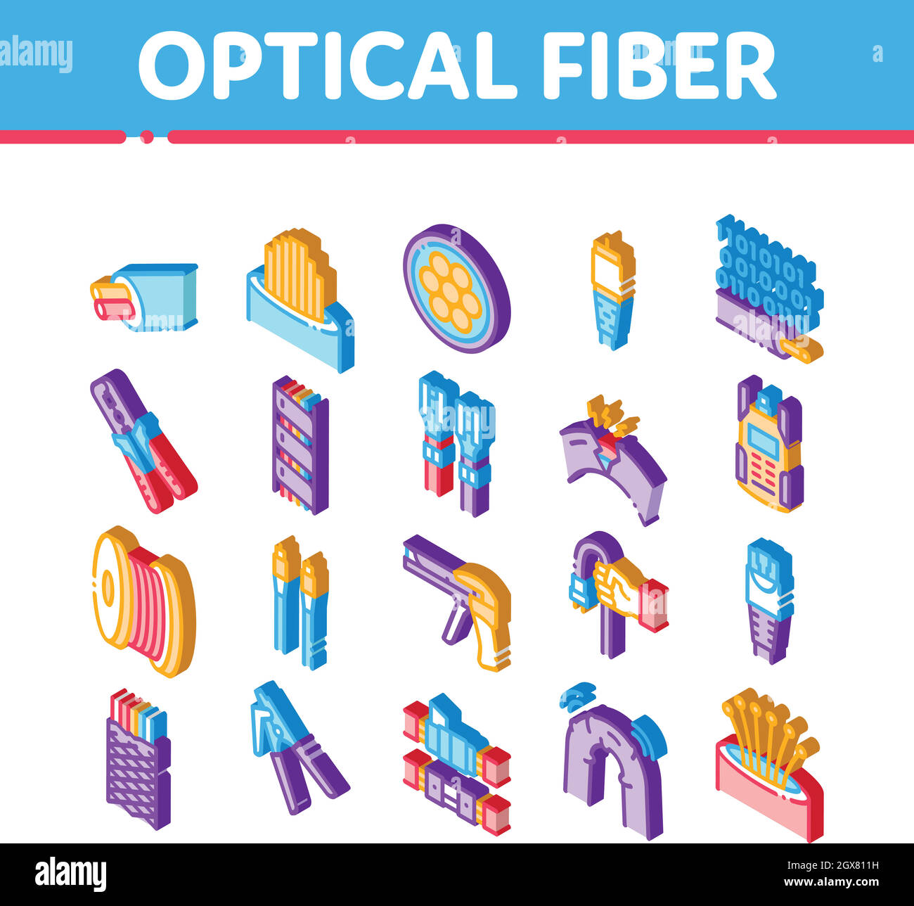Câble à fibre optique Isométrique icônes Set Vector Illustration de Vecteur