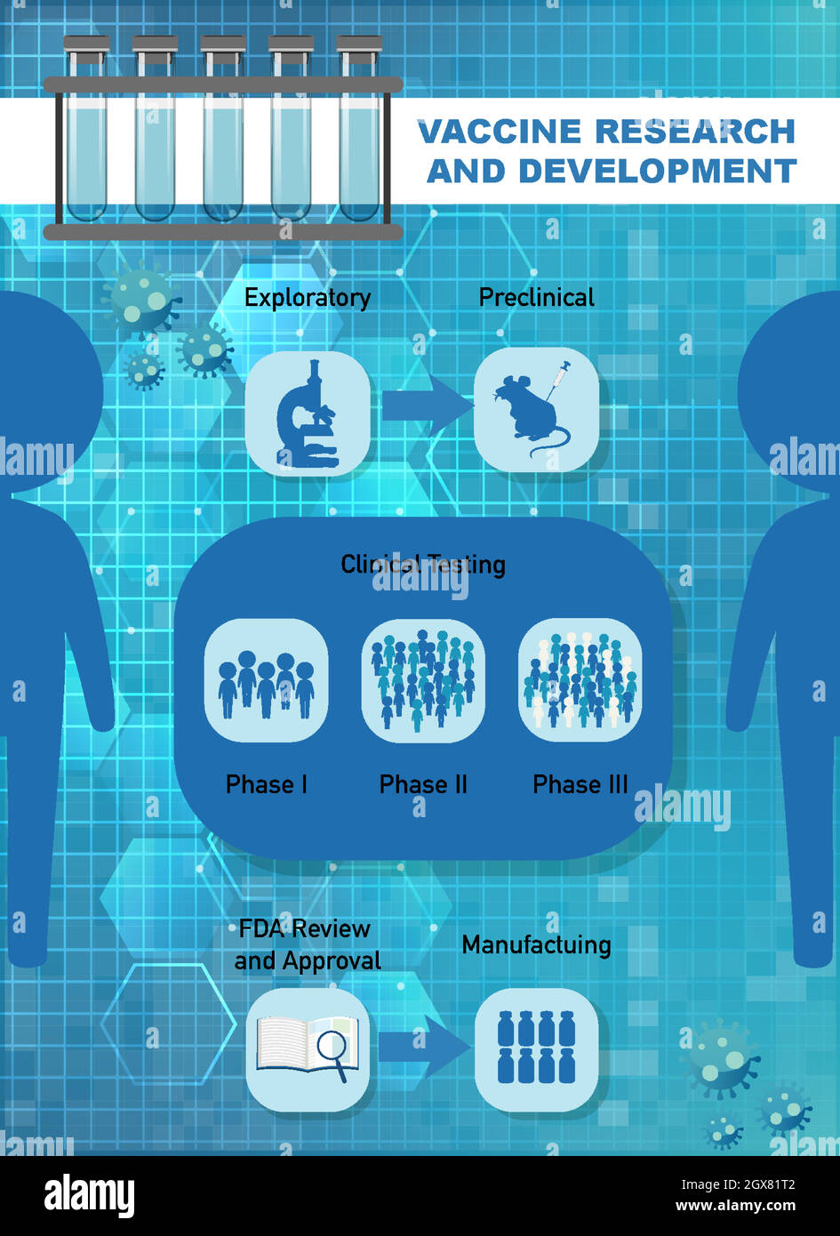 Recherche et développement de vaccins pour le covid-19 ou le coronavirus affiche ou bannière Illustration de Vecteur