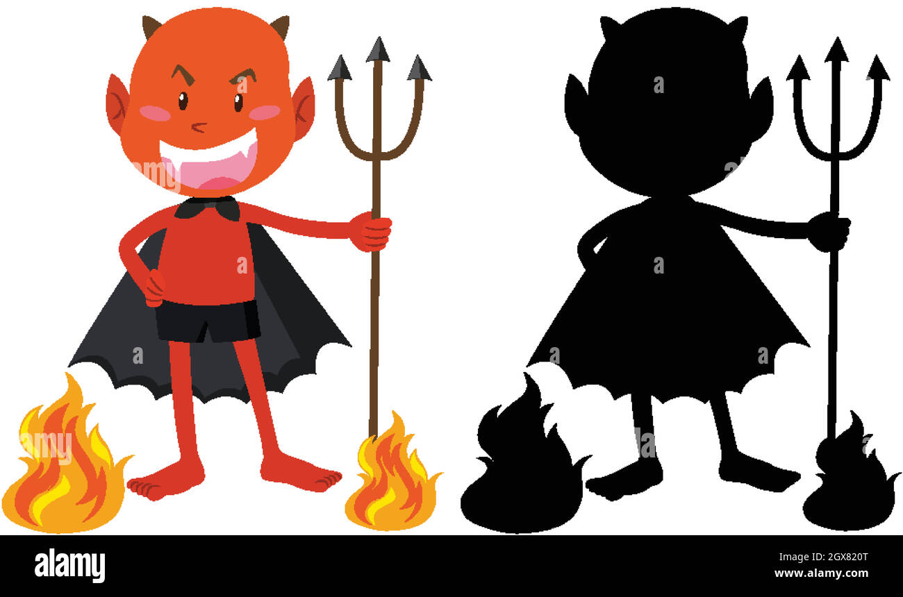 Diable rouge au feu avec sa silhouette Illustration de Vecteur