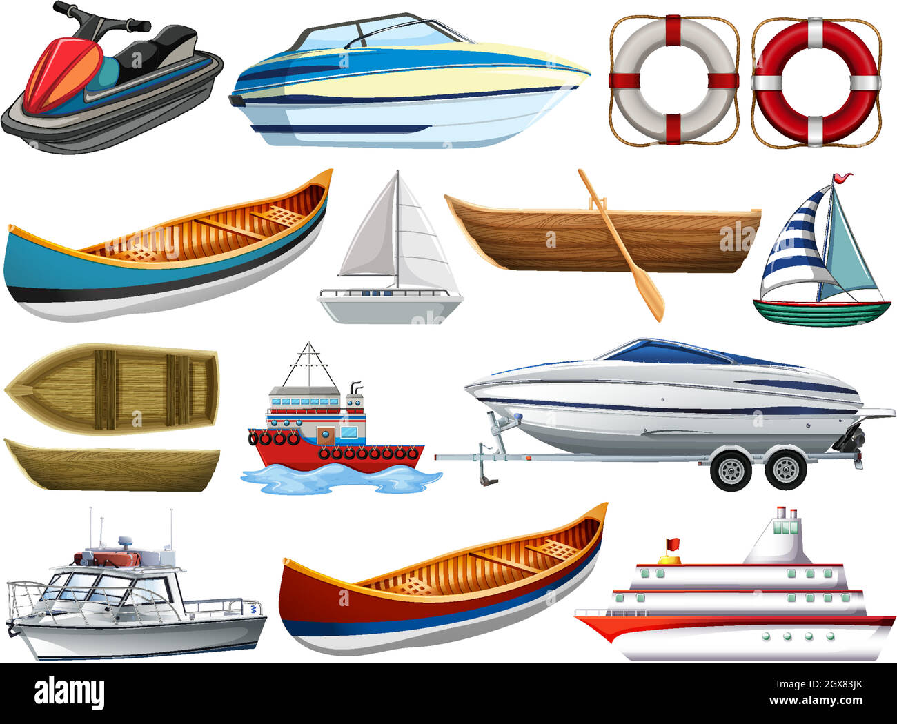 Ensemble de différents types de bateaux et navire isolé sur fond blanc Illustration de Vecteur