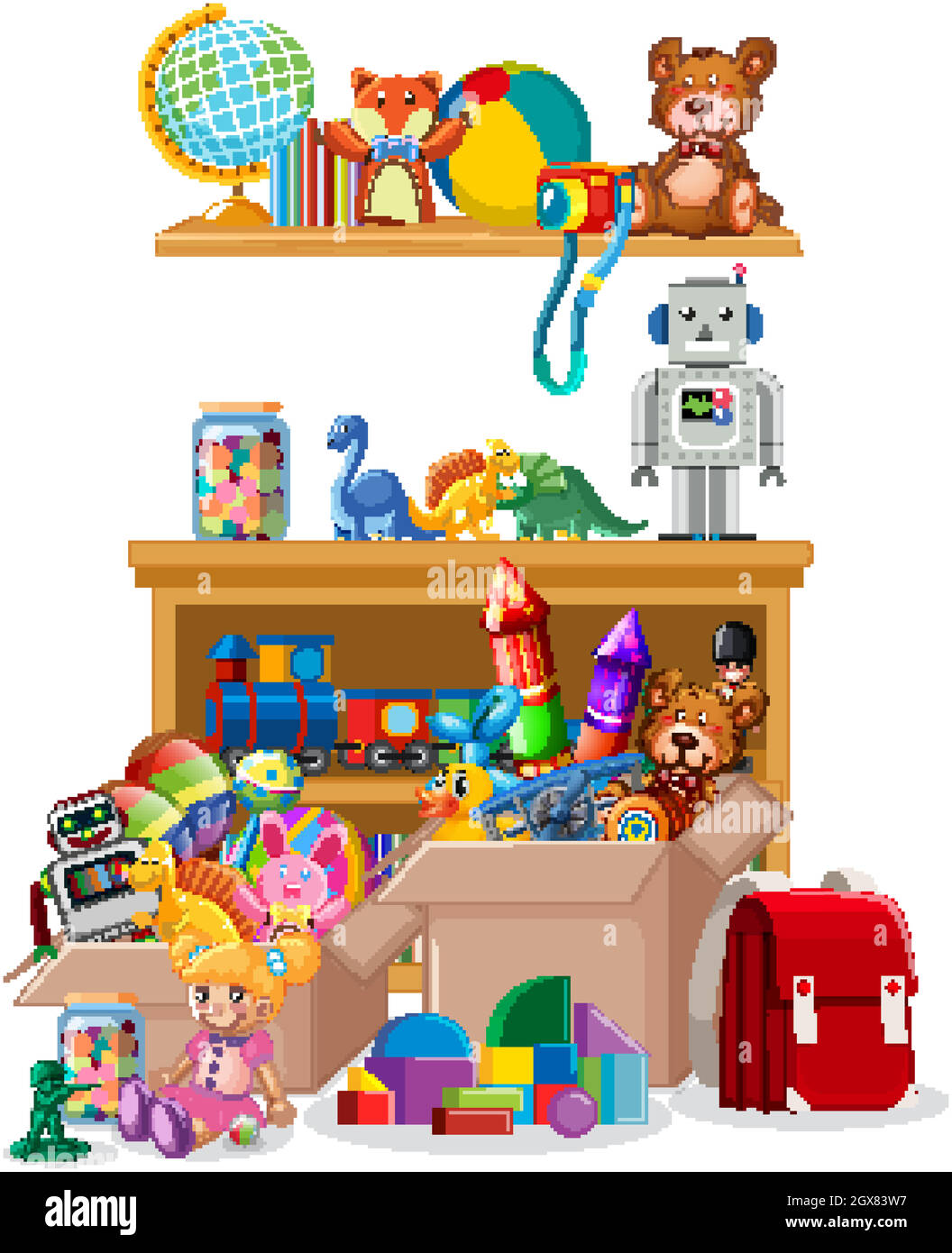 Tablette et boîtes pleines de jouets sur fond blanc Illustration de Vecteur