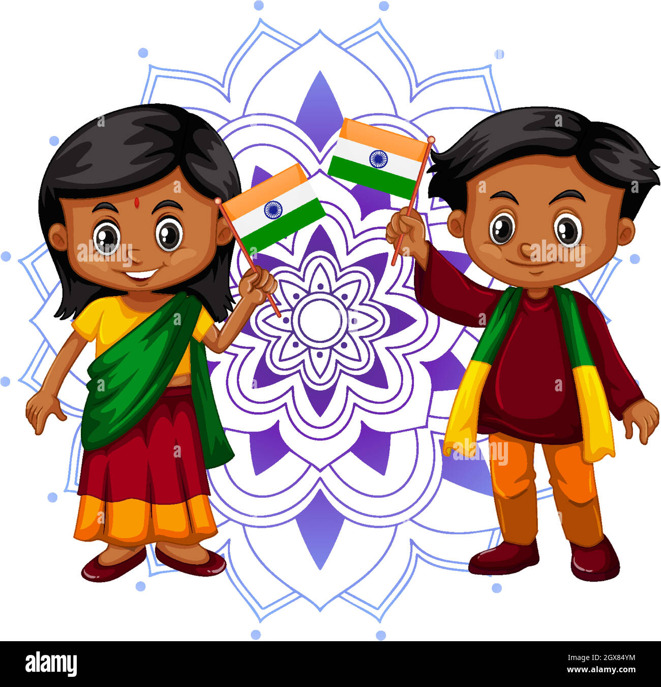 Motif Mandala avec deux enfants indiens heureux Illustration de Vecteur