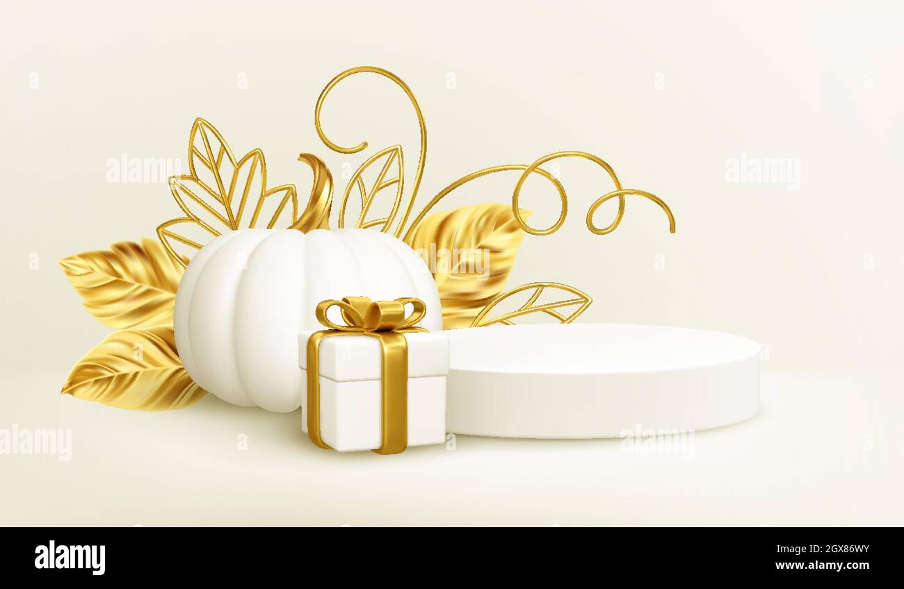 citrouille en or blanc réaliste en 3d avec feuilles dorées, podium de produits et boîte cadeau isolée sur fond blanc. Fond de Thanksgiving avec des citrouilles Illustration de Vecteur
