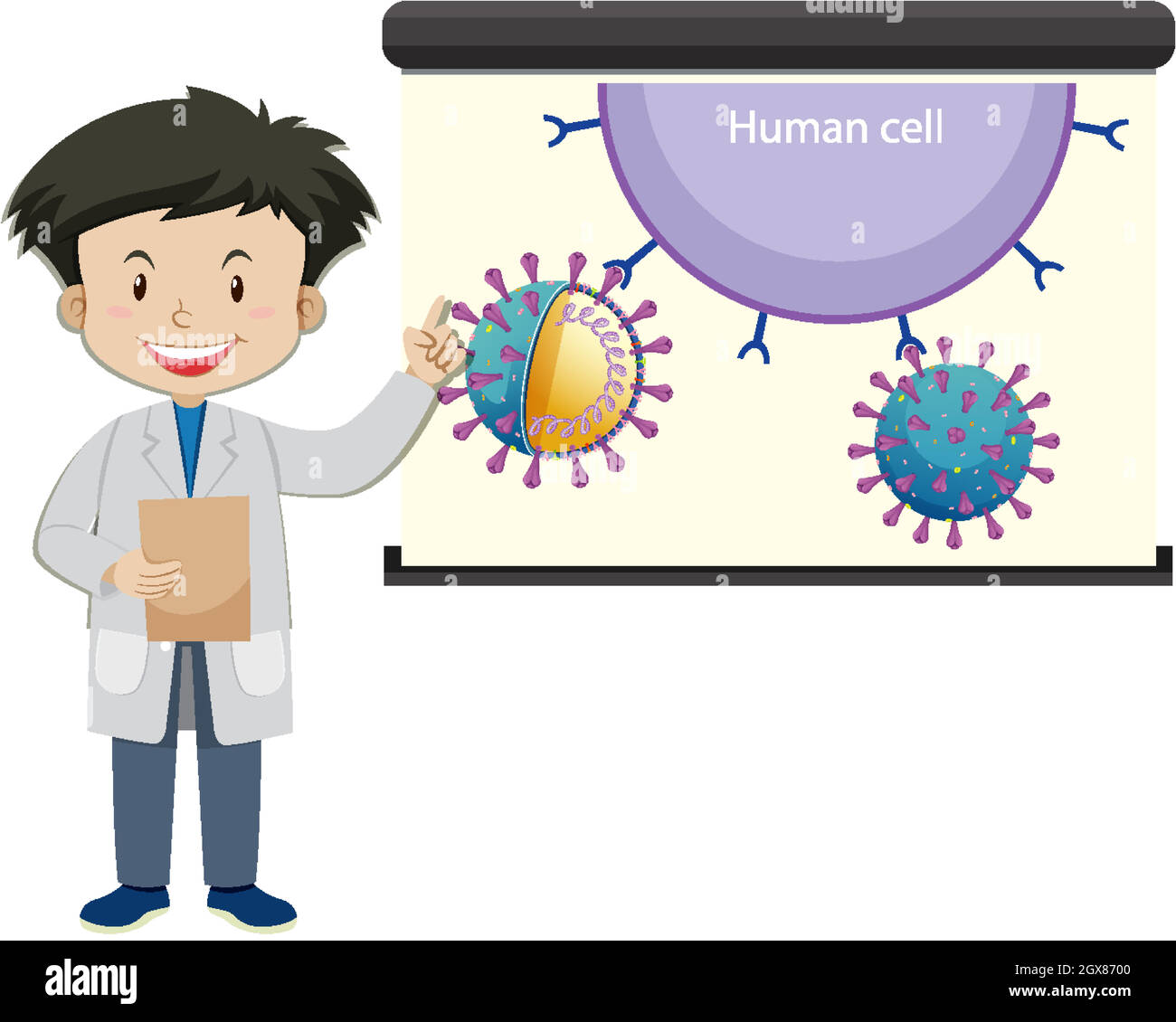 Un médecin avec cellule humaine sur écran de projecteur dans le style de dessin animé Illustration de Vecteur