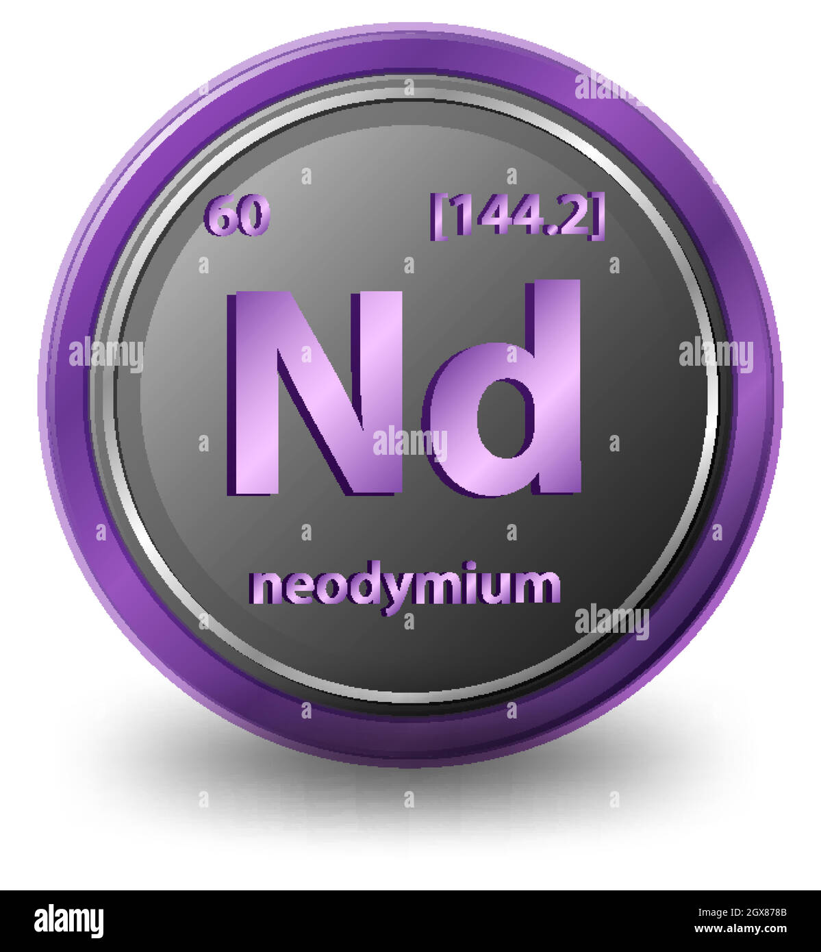 Élément chimique en néodyme. Symbole chimique avec numéro atomique et masse atomique. Illustration de Vecteur